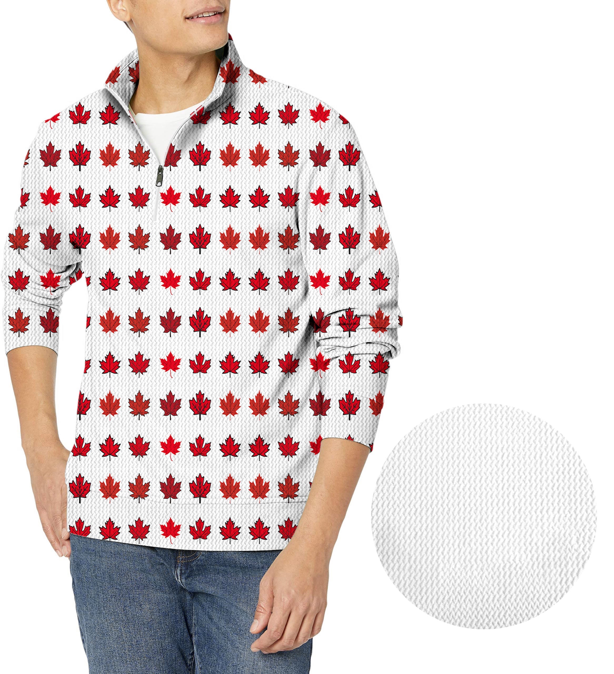 Men's golf pullover with Canada red maple leaves pattern and waffle texture zipper collar