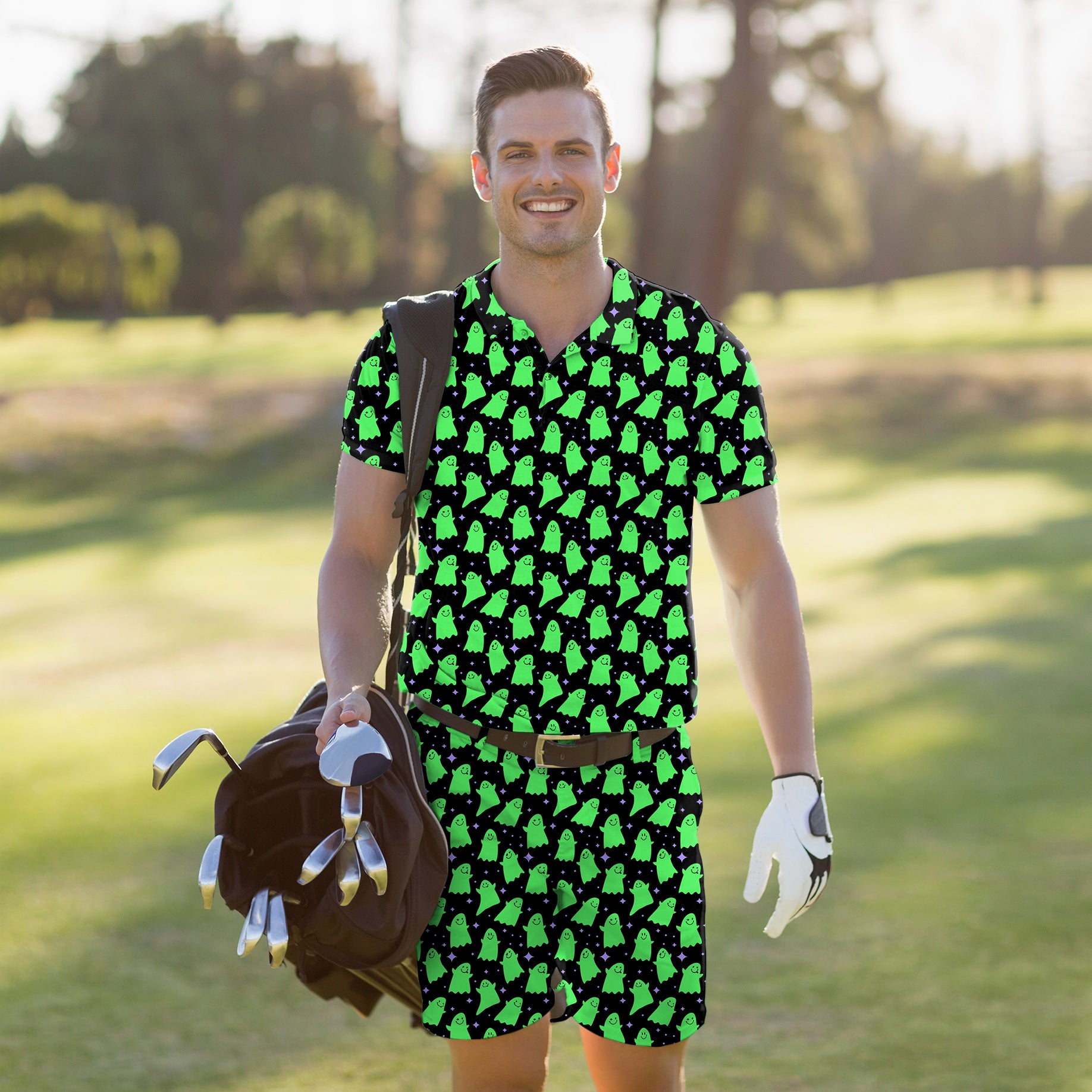 Halloween Men's Golf Set Polo+Shorts Green Ghost
