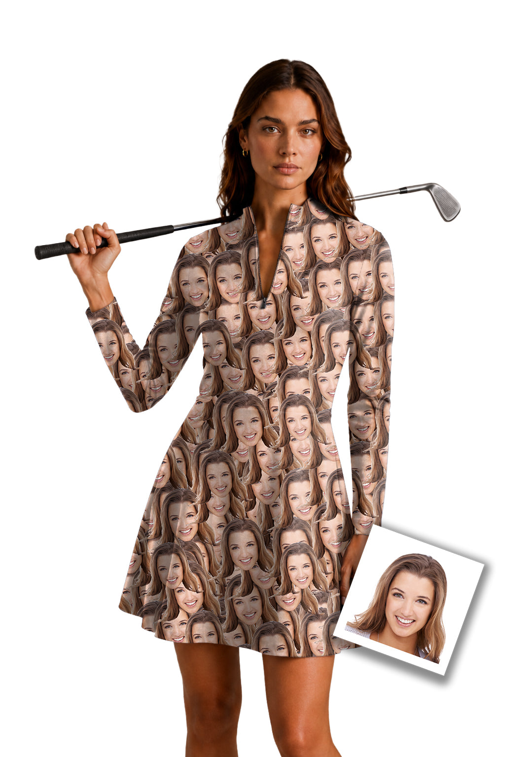 Custom Photo All Funny Faces Women's Golf Long Sleeve Zipper Dresses Comes with separate matching shorts