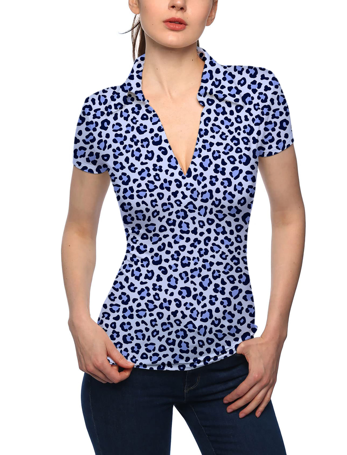 Women's purple leopard print V Neck Golf Polo