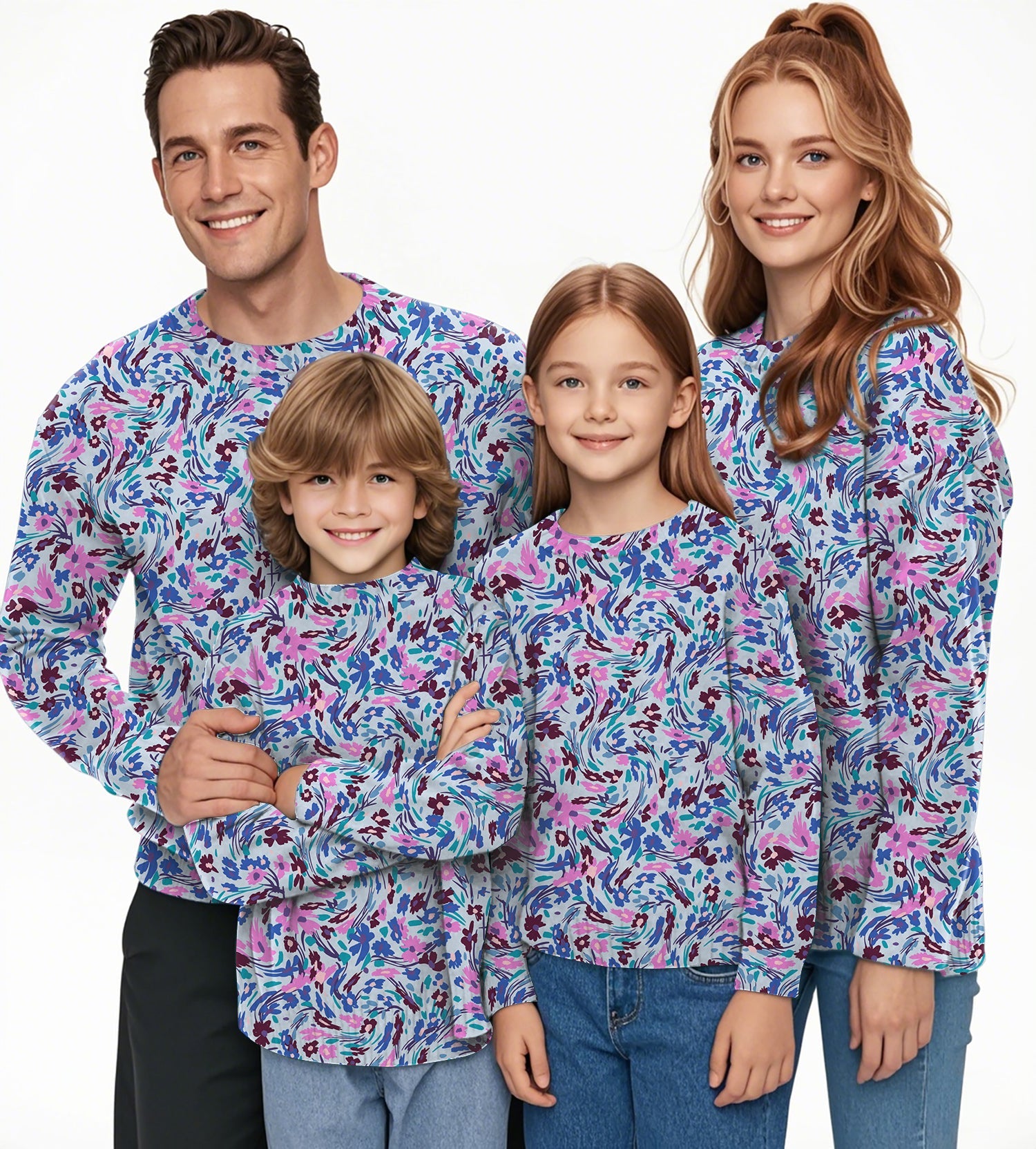 Family wearing matching Flower Twist Crewneck pullover sweaters with colorful floral twist pattern