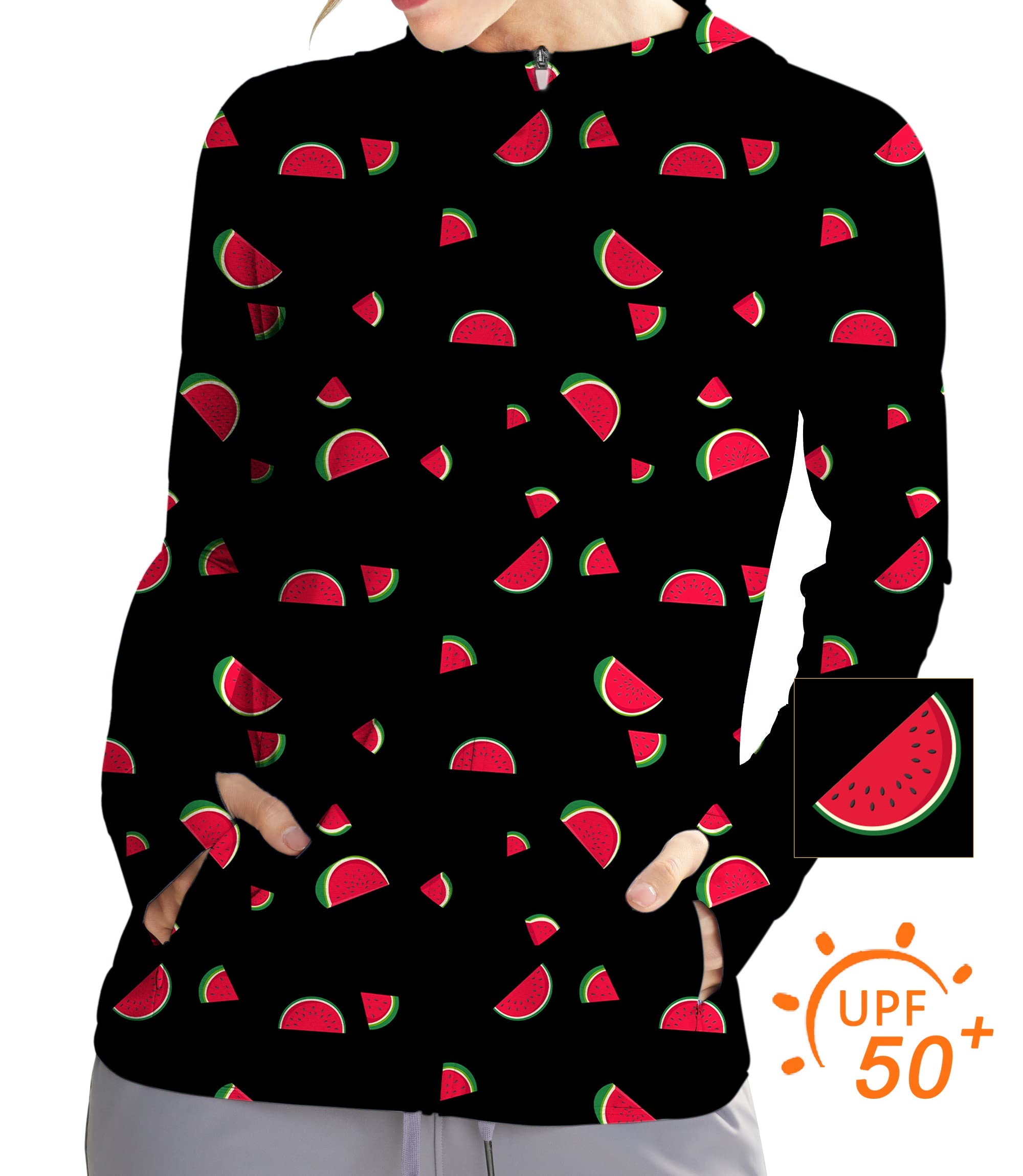 Women's outdoor slim fit zip hoodie with watermelon print and UPF 50+ sun protection