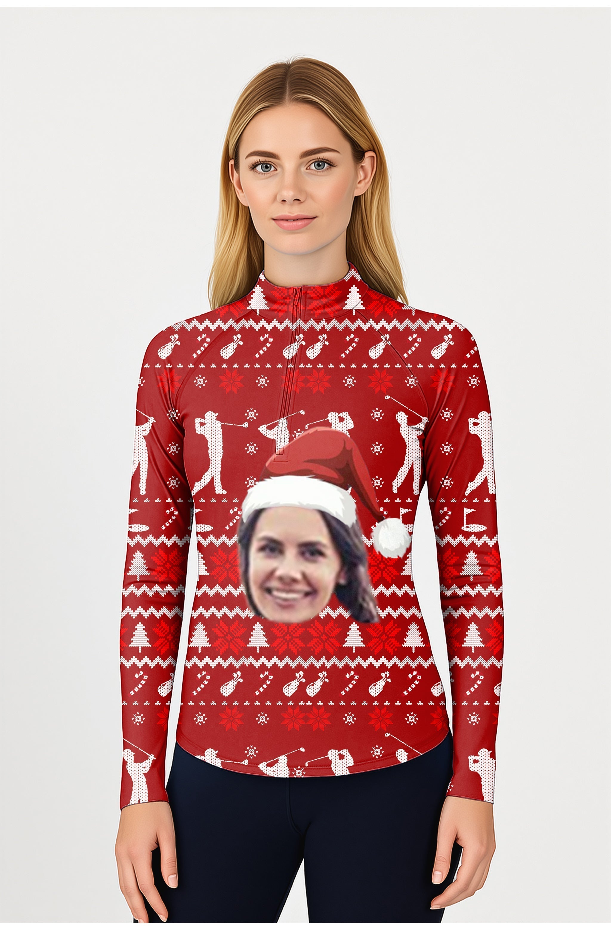 Custom face Women's Golf 3/4 zip top with Christmas design, lightweight, sun-safe long sleeves