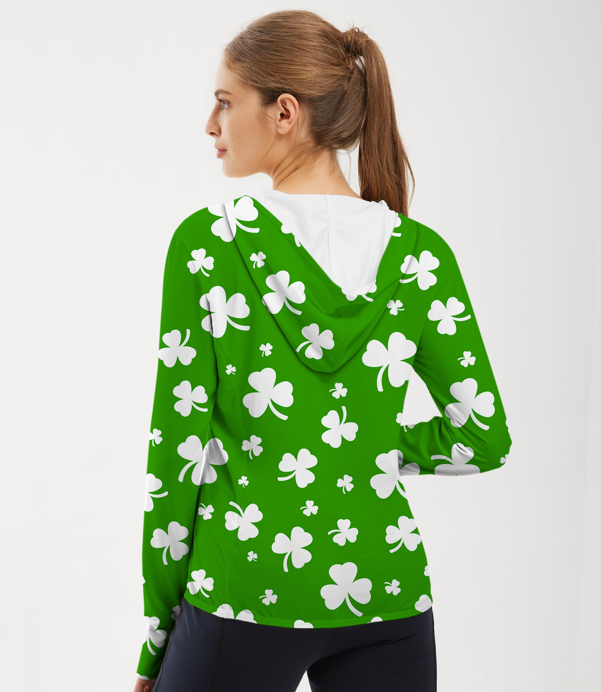 Women's outdoor leaf clover St. Patrick's Day golf sun protection slim fit zip hoodie