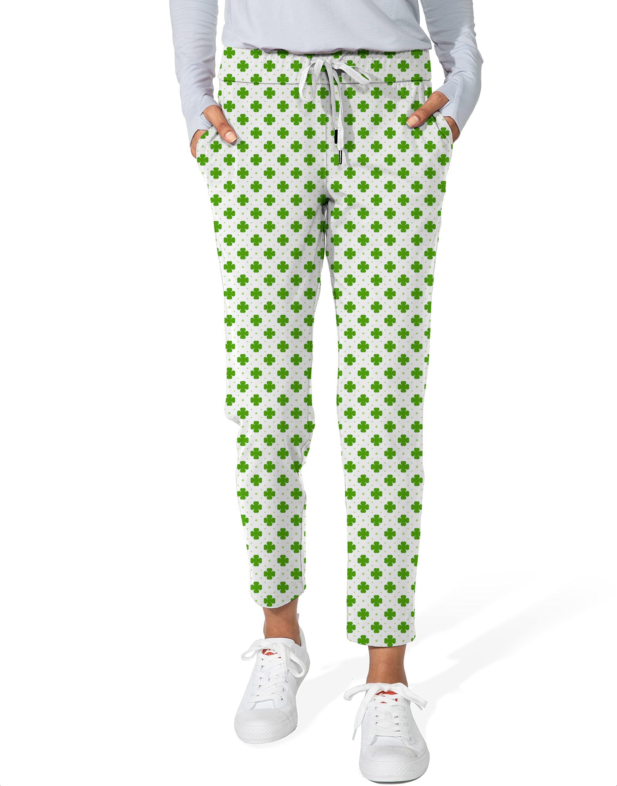 Women's 7/8 stretch ankle golf pants with green leaf clover St. Patrick's Day pattern