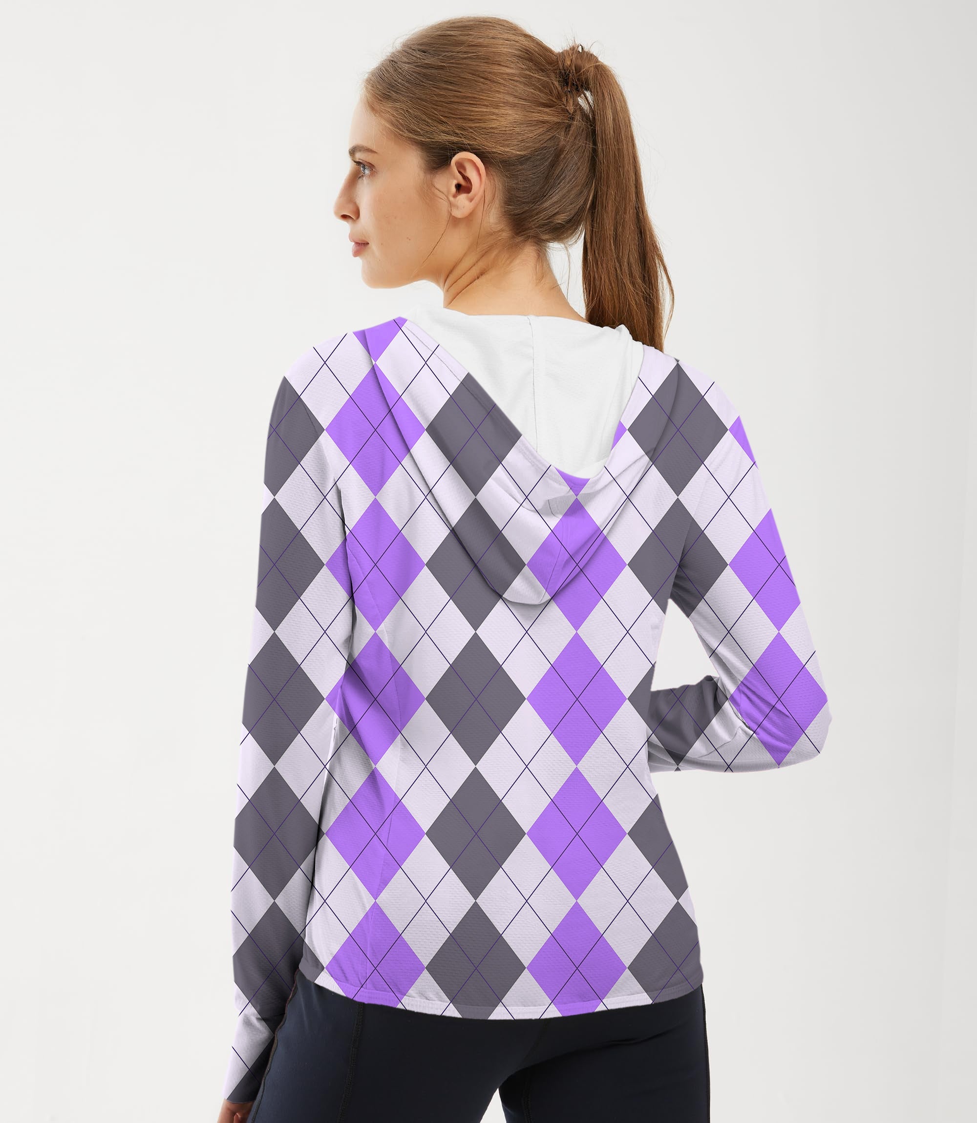 Women's outdoor slim fit zip hoodie with purple grey argyle pattern and sun protection for golfing and outdoor activities