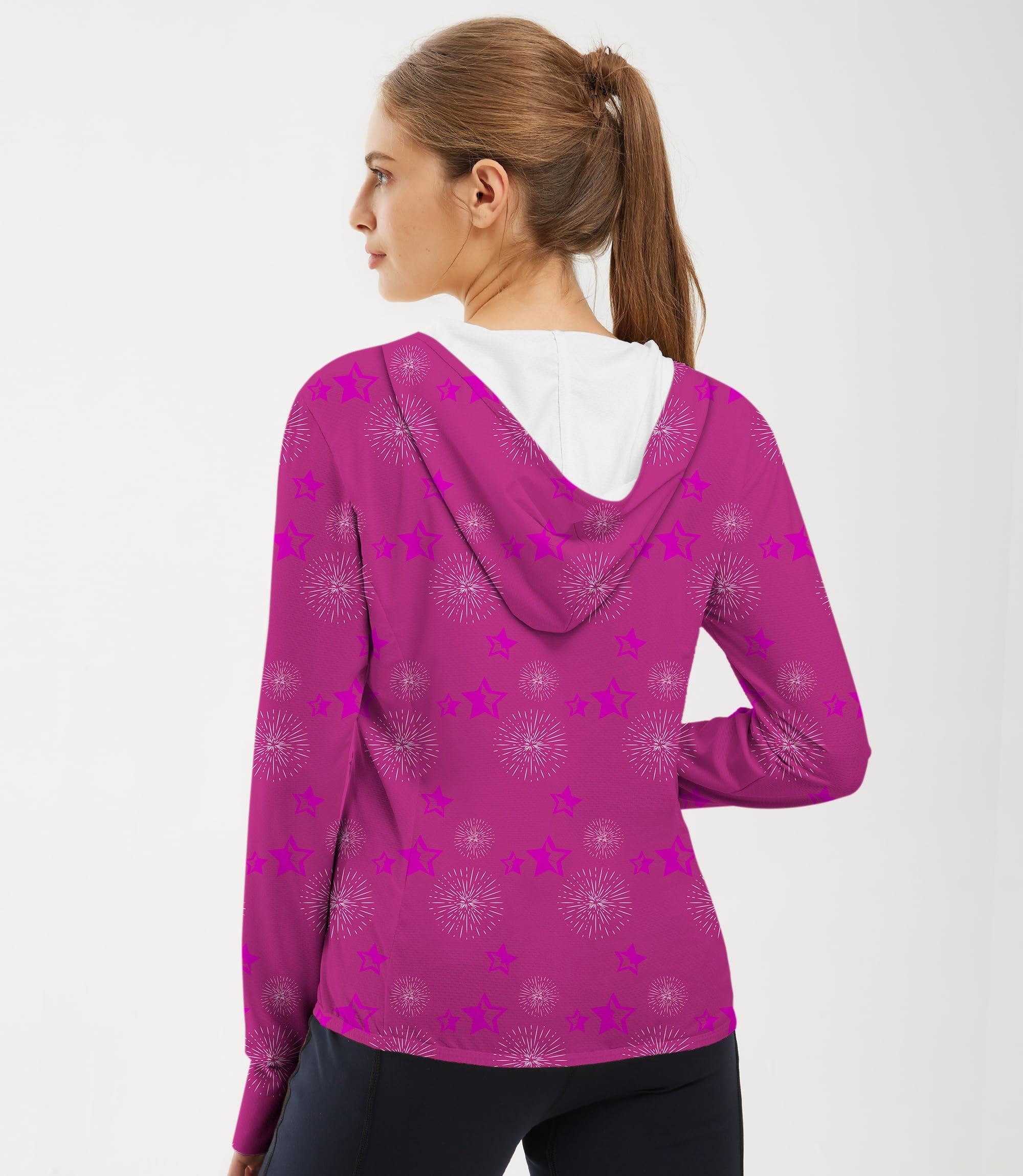 Women's outdoor pentagram print slim fit zip hoodie with sun protection and thumb holes