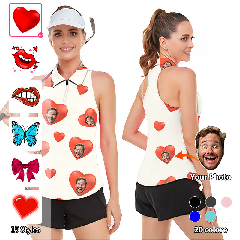 Valentine's Day Custom Photo Face Custom Color White Love Women’s Sleeveless Golf Tank Top Shirt Polo