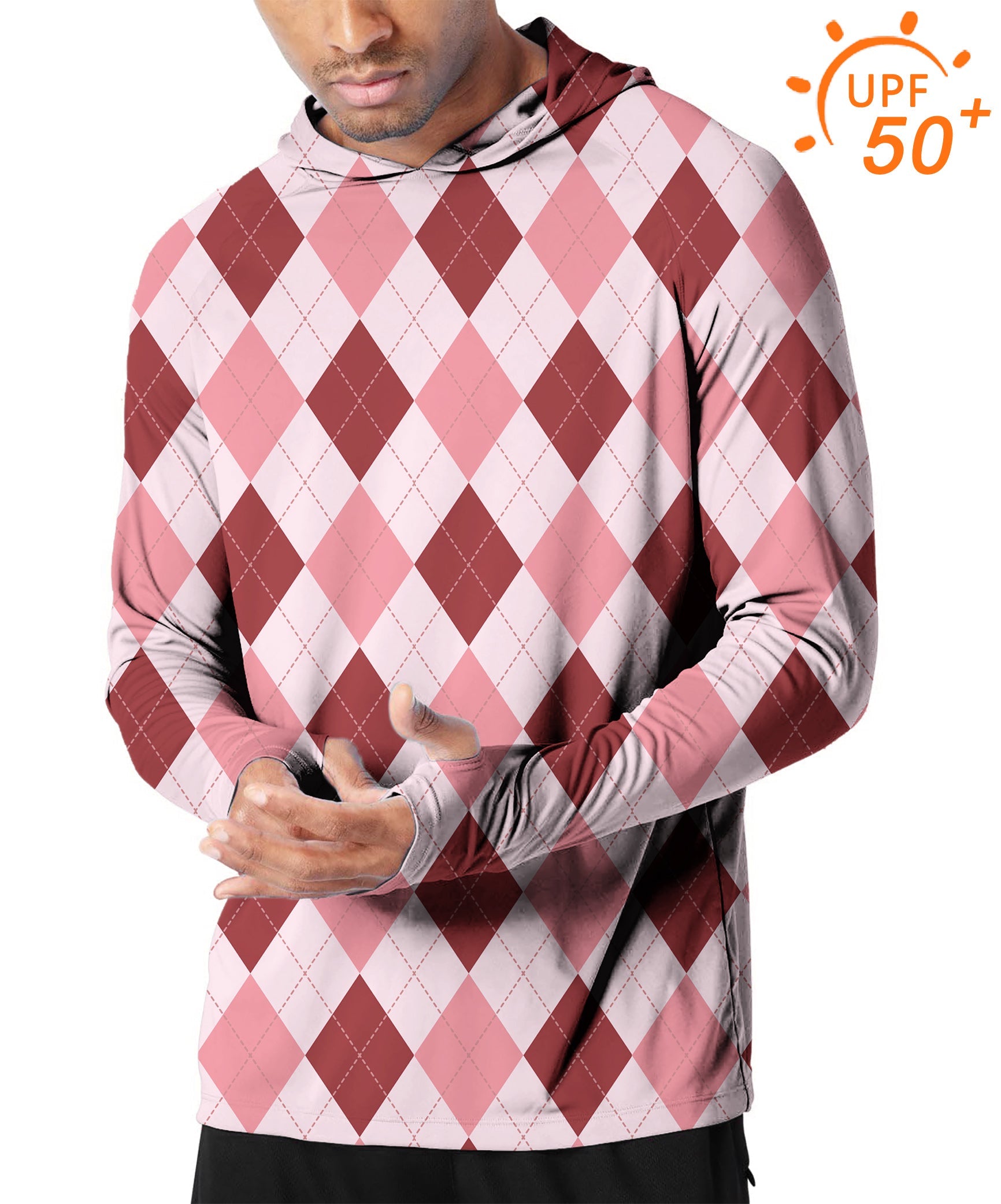 Men's outdoor slim fit pink argyle golf hoodie with UPF 50+ sun protection and breathable fabric