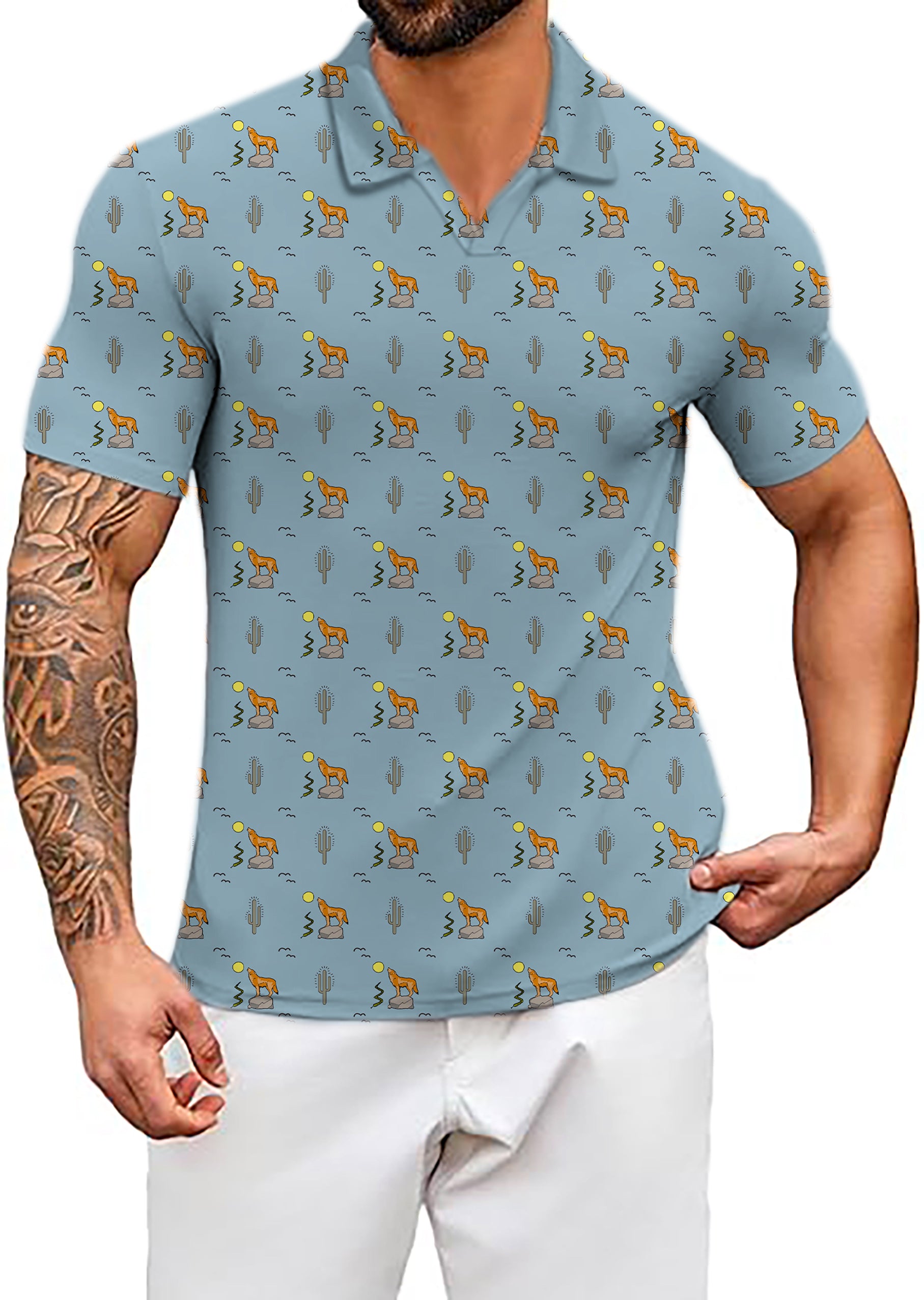 Men's Clever Coyote V Neck Golf Polo Shirts