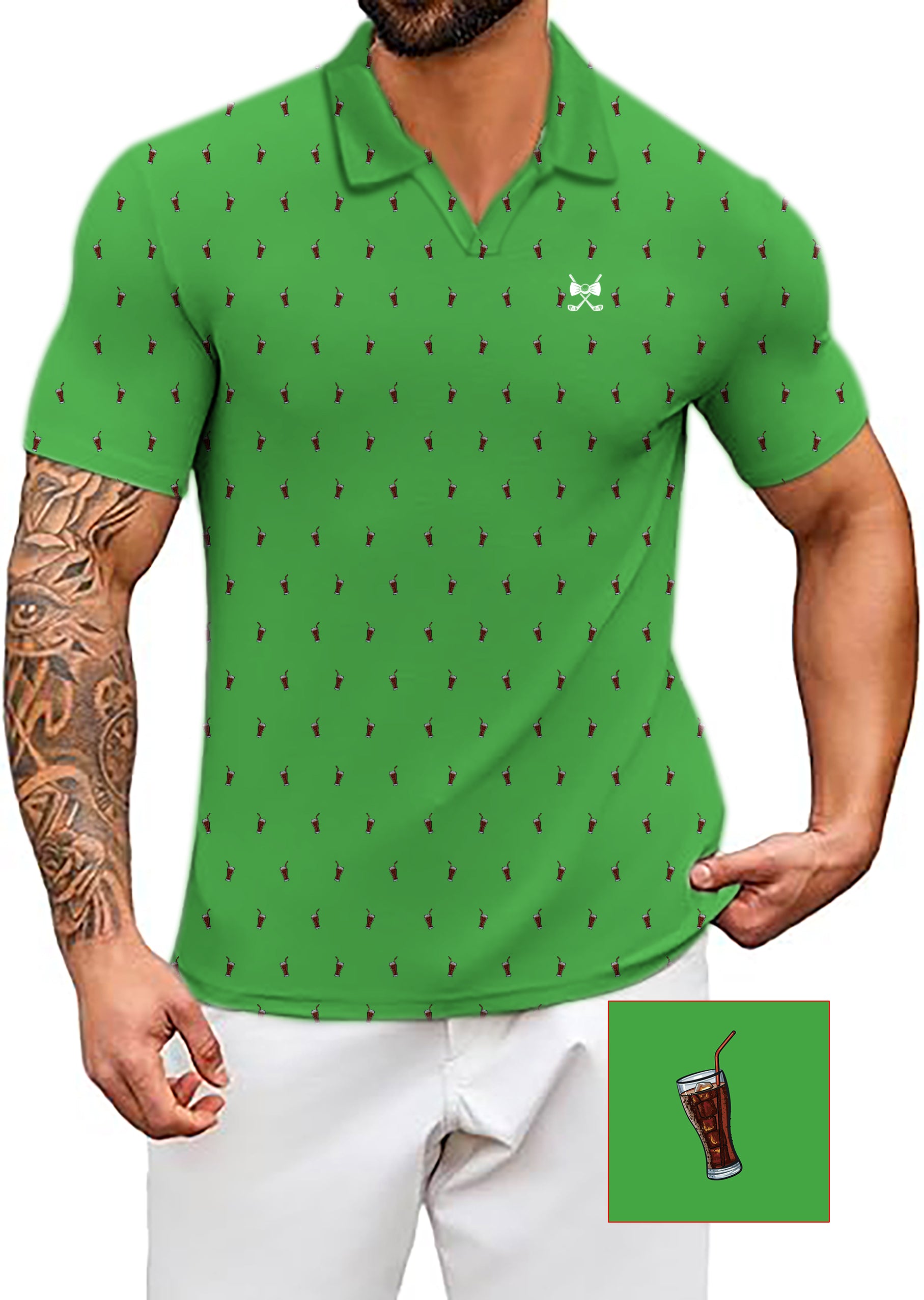 Men's Lime Cola Glass Cup V Neck Golf Polo Shirts
