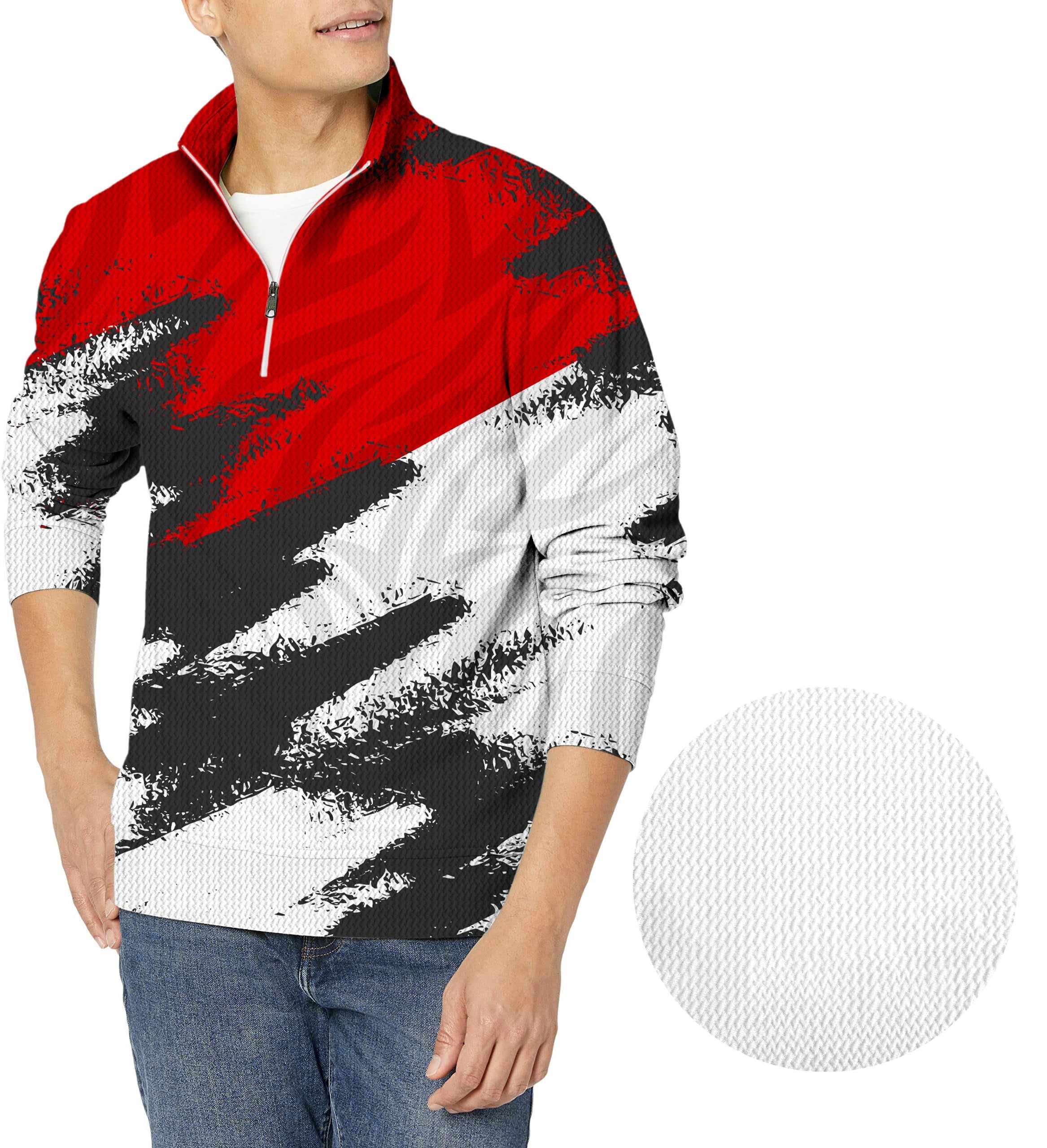 Red custom sport men's golf waffle zipper pullover uniform with black and white brushstroke design