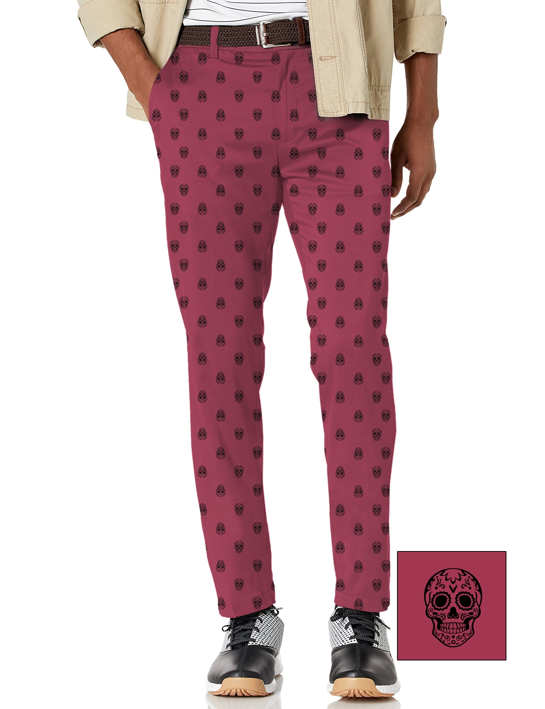 Men's Skull Custom stretch golf pants with moisture-wicking fabric and skull pattern in dark red background
