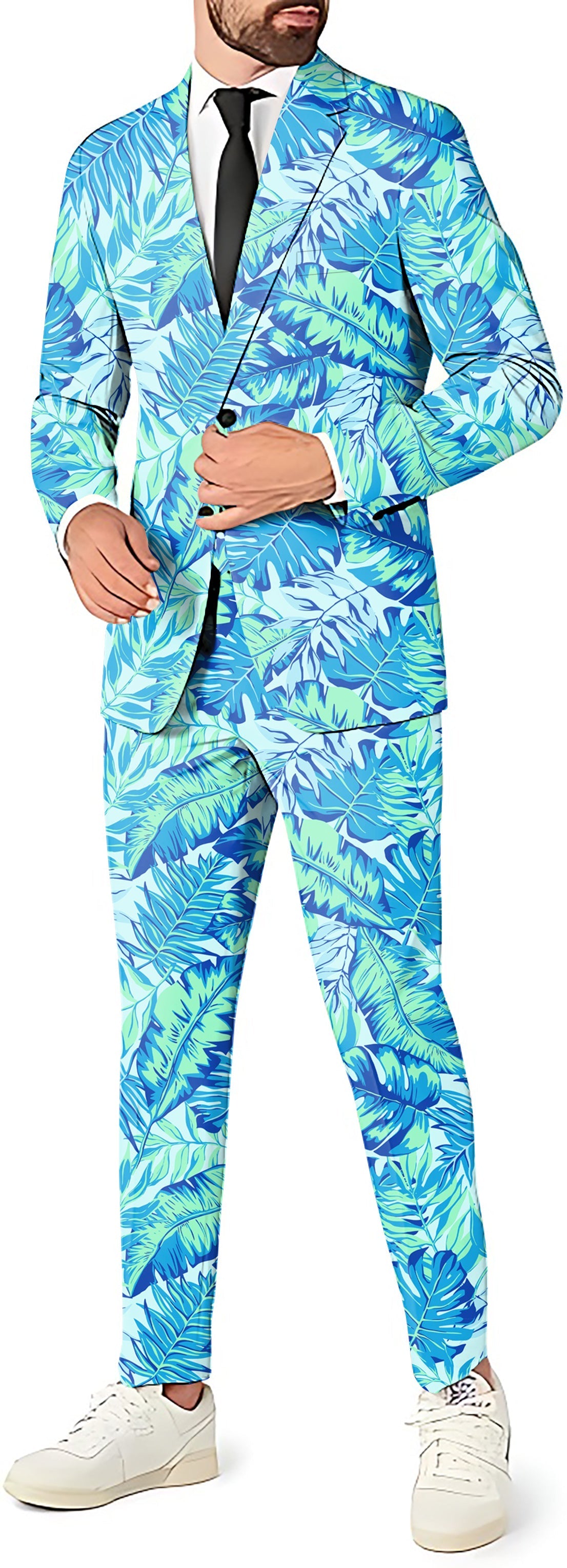 Men's palm leaves themed party suit with blazer, pants, and vest in blue and green colors