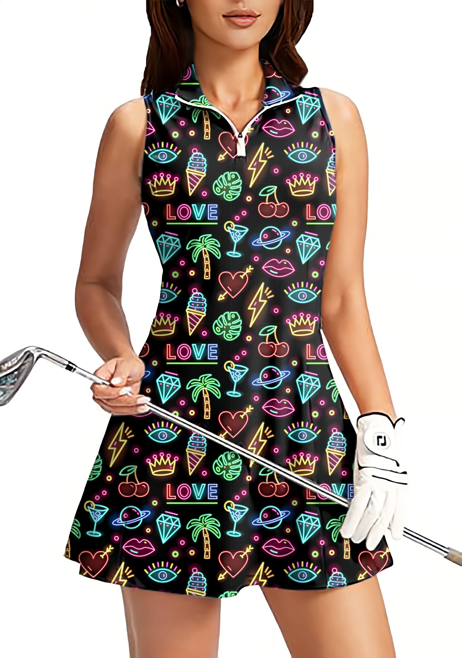 summer dress with built in shorts neon summer Women's Golf Sleeveless Zipper Dresses with Built in Shorts XXS