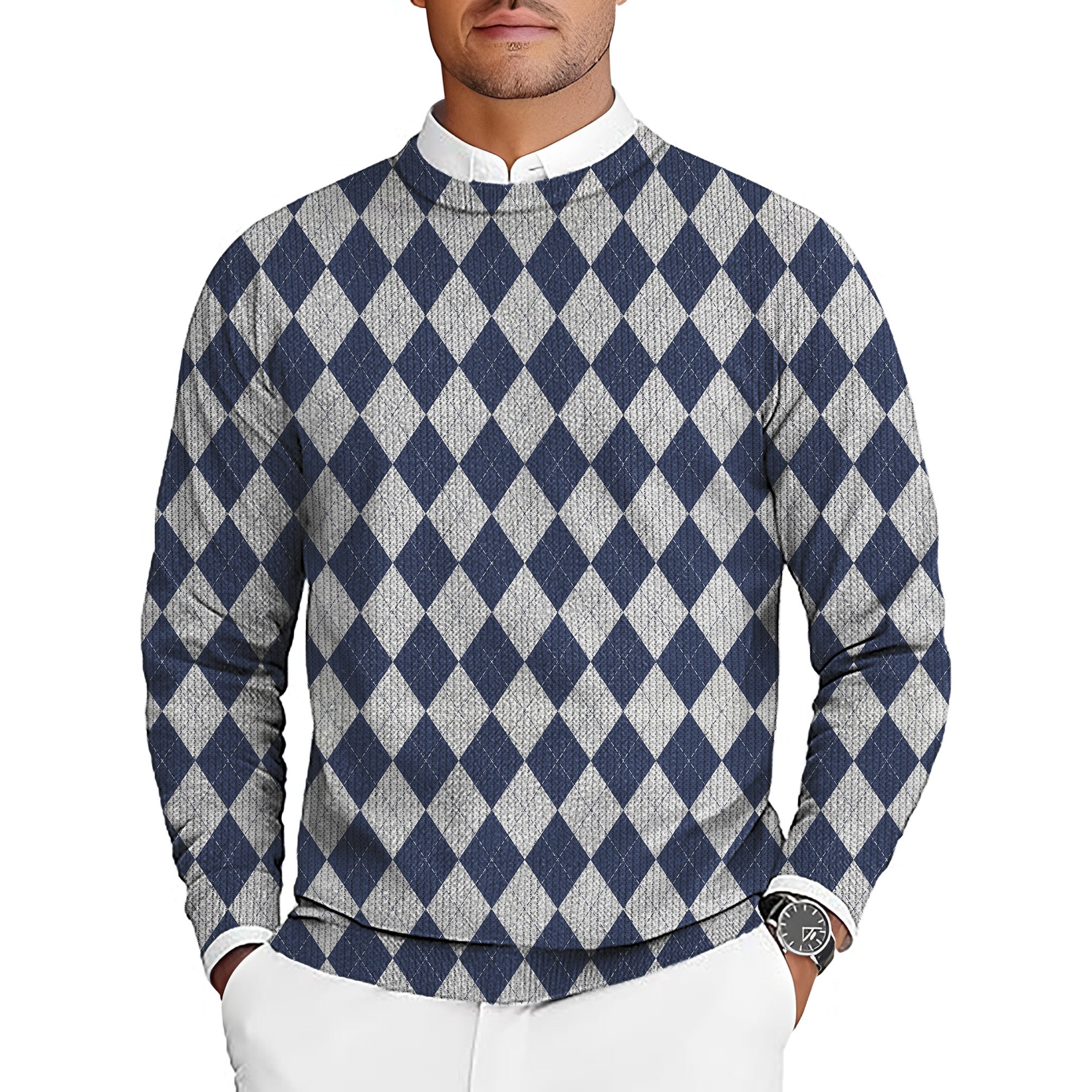 Blue diamond grid Men's Golf Crewneck Pullover Sweaters Ugly Sweater