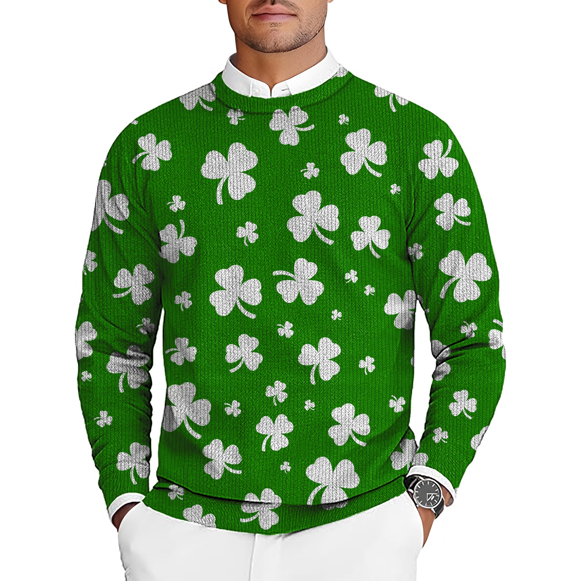 Men's St. Patrick's Day golf pullover sweater with white leaf clover pattern on green background