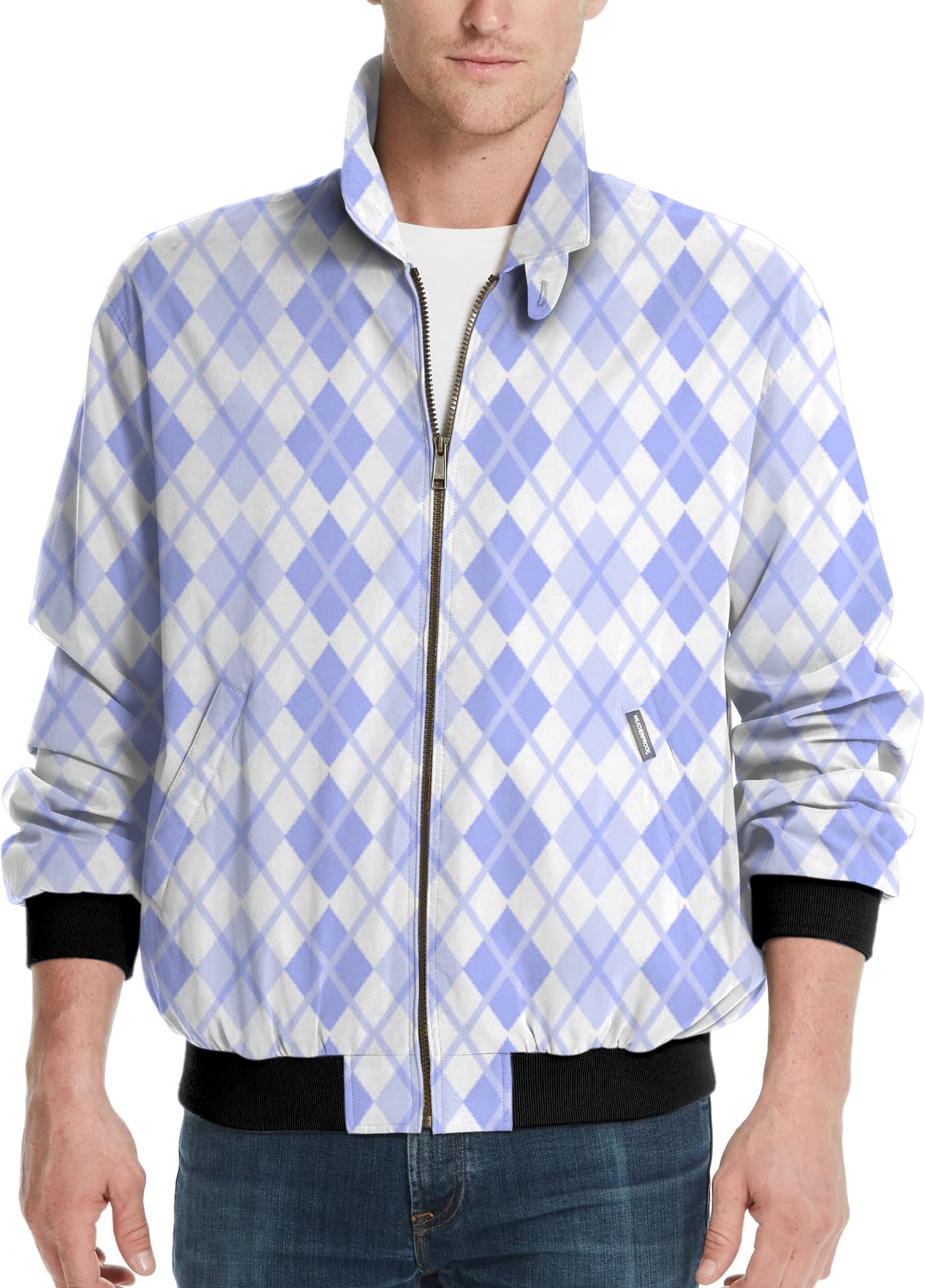 Men's golf windbreaker light jacket with argyle purple grid pattern and zipper front.