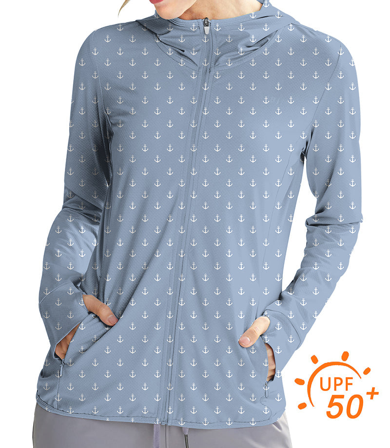 Women's outdoor blue anchor print sun protection slim fit zip hoodie with UPF 50+ UV protection