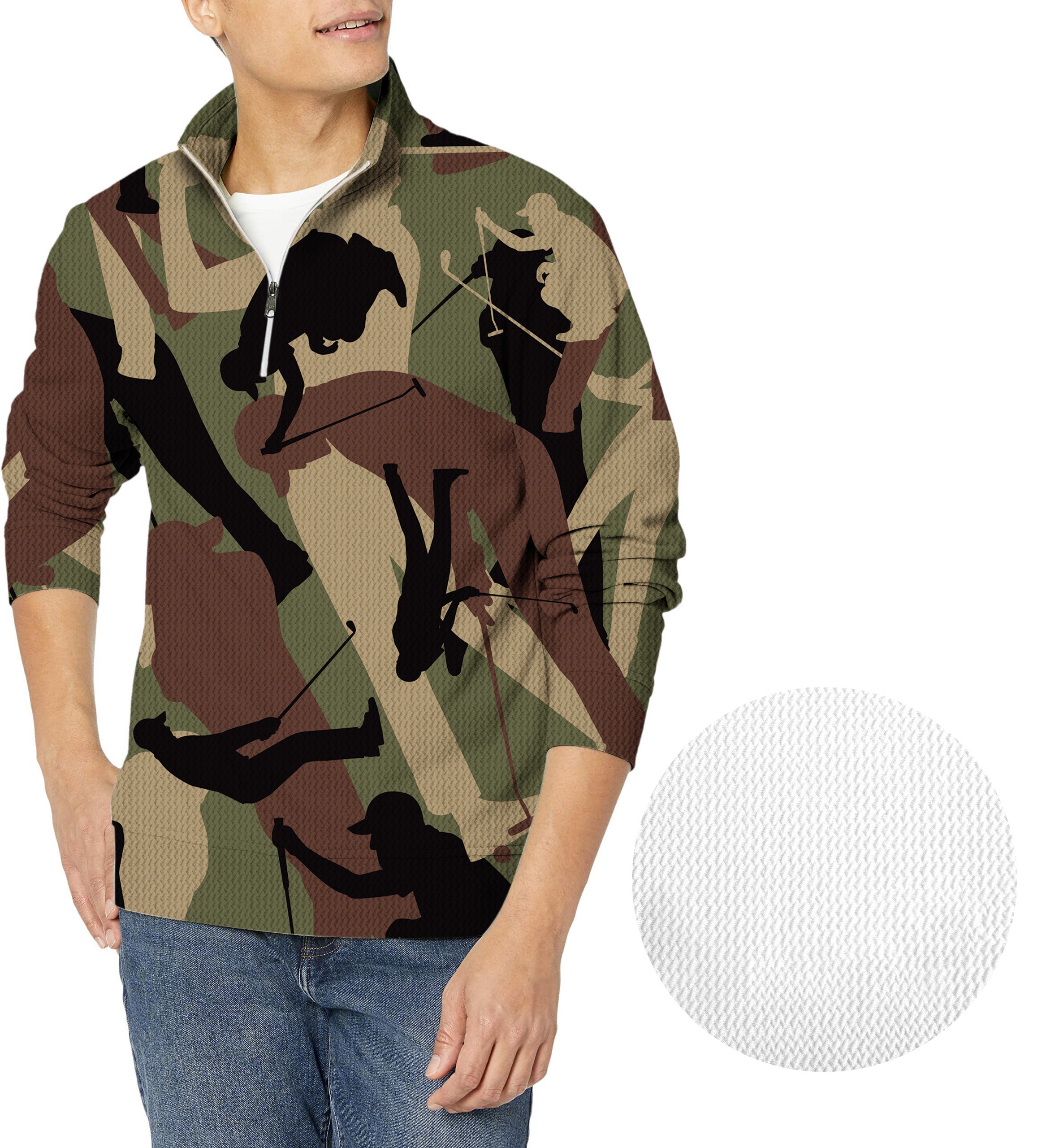 Army Green Golf men's waffle zipper pullover with golf player silhouettes and camouflage pattern
