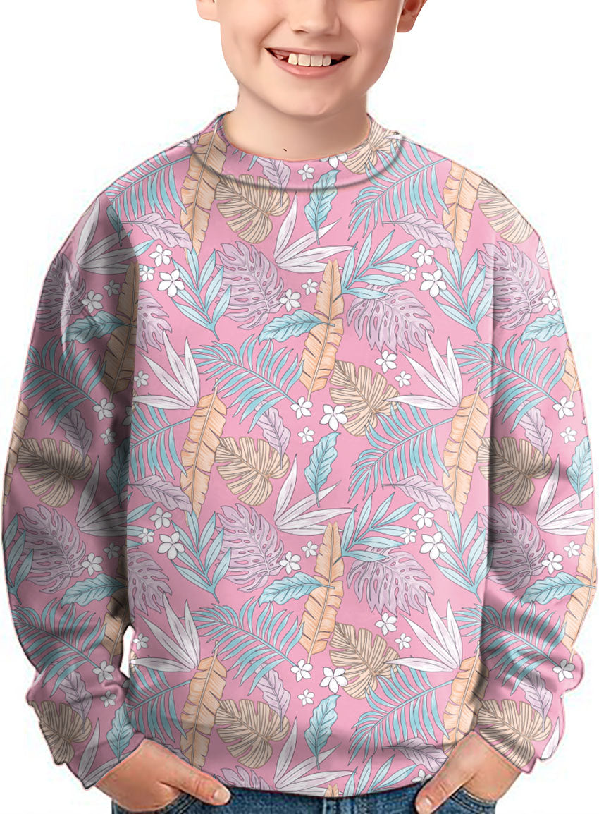 Kids Feathered Paradise Crewneck Pullover with tropical floral pattern