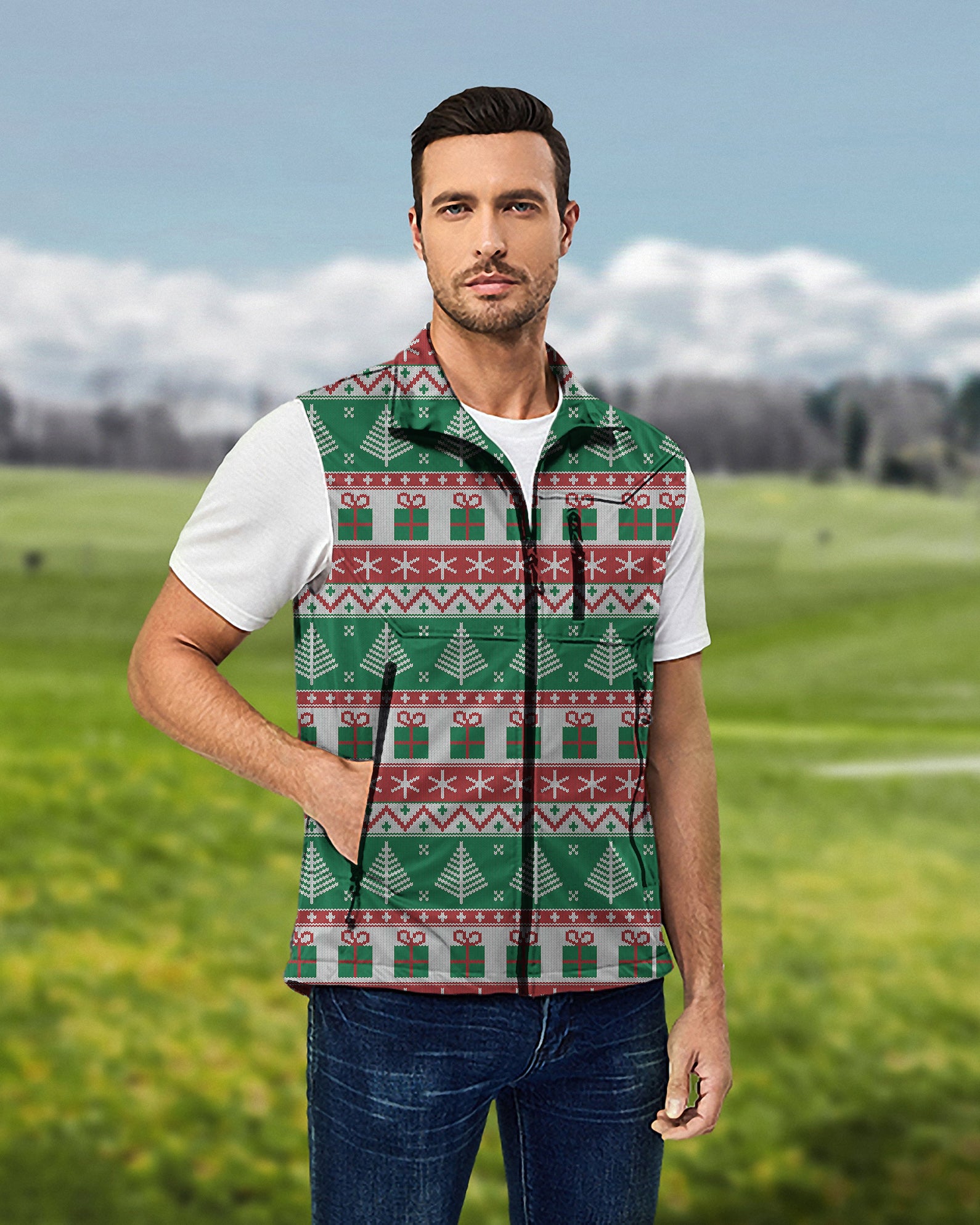 Men's Christmas Tree Lightweight Softshell Vest Sleeveless Jacket for Golf