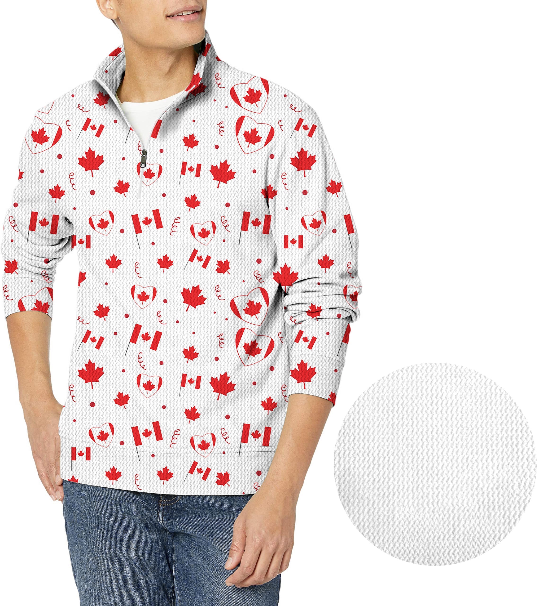 Men's golf waffle zipper pullover with Canadian patriotic flag pattern