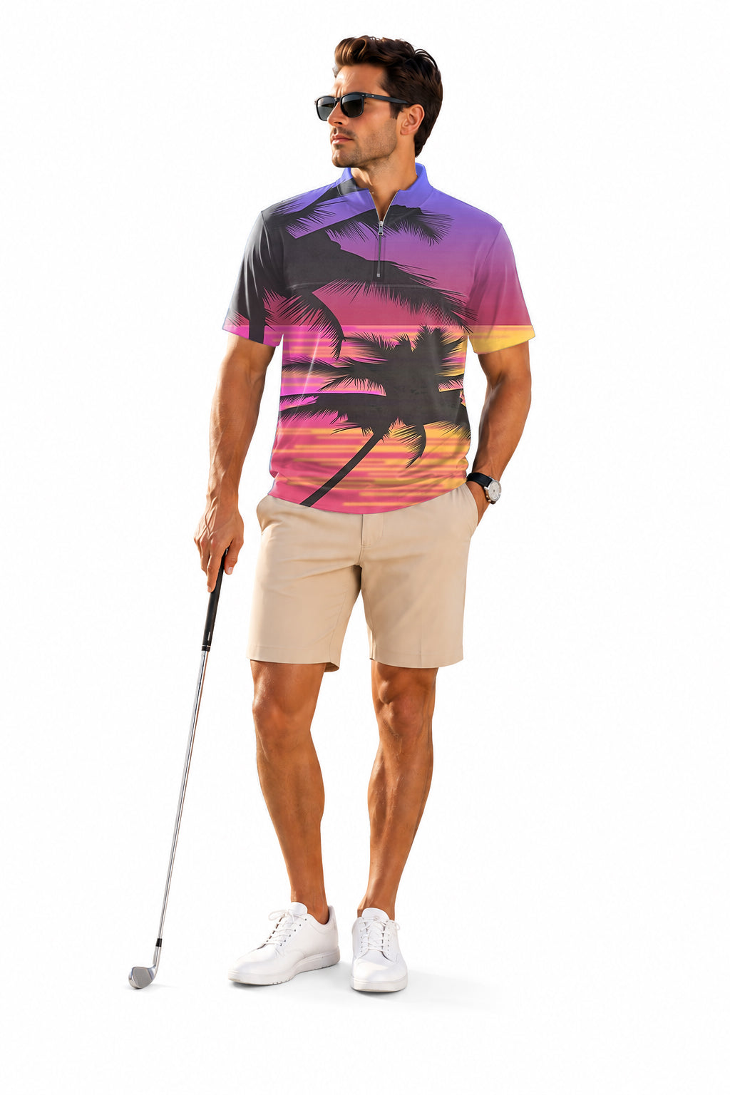 Men's Short Sleeve Quarter Zip Golf Pullover Red Sunset Palm Tree Embroidery