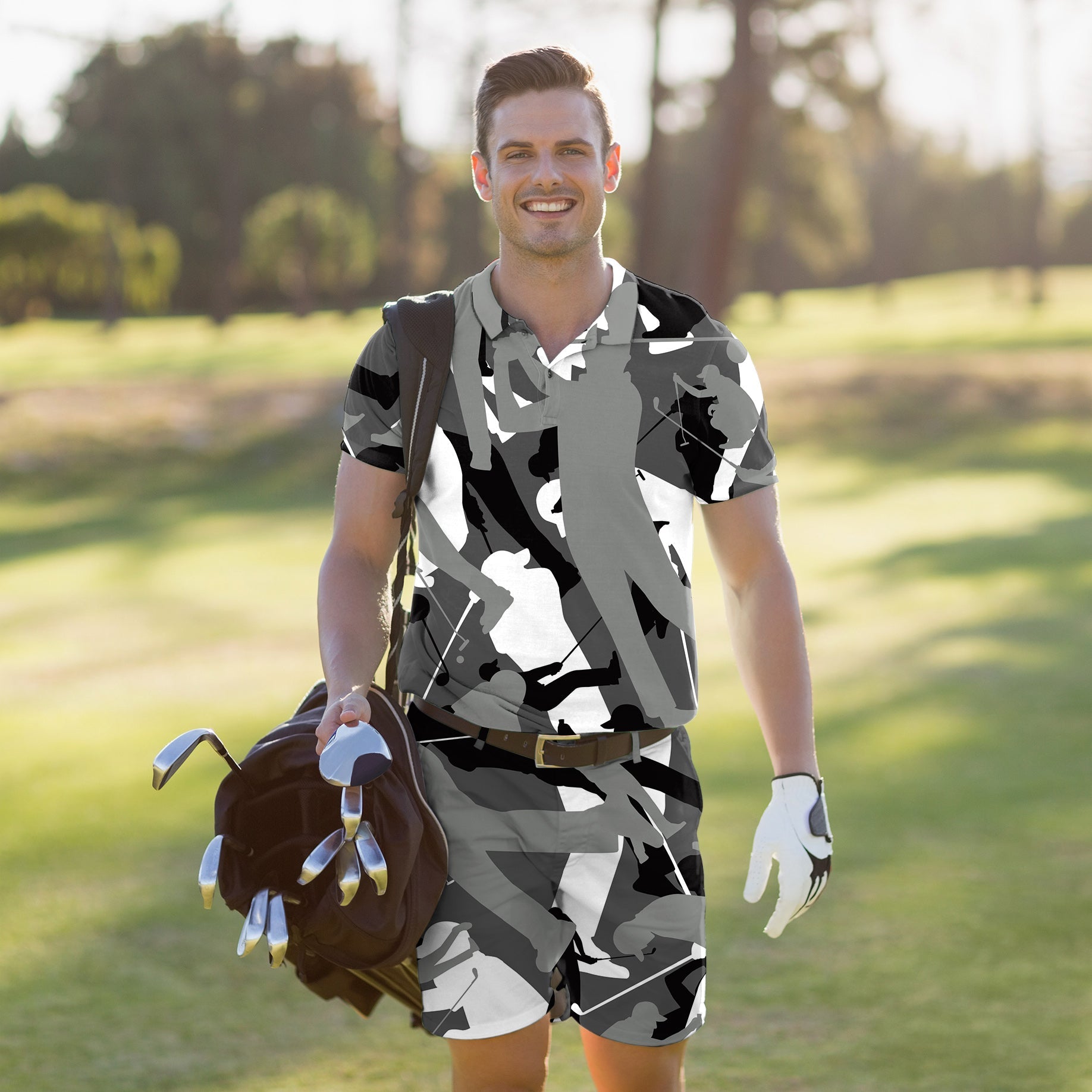 Men's golf set with black and white polo and shorts, stretchy moisture-wicking fabric, wrinkle resistant, UPF 40+, and classic fit for comfort and style on the course