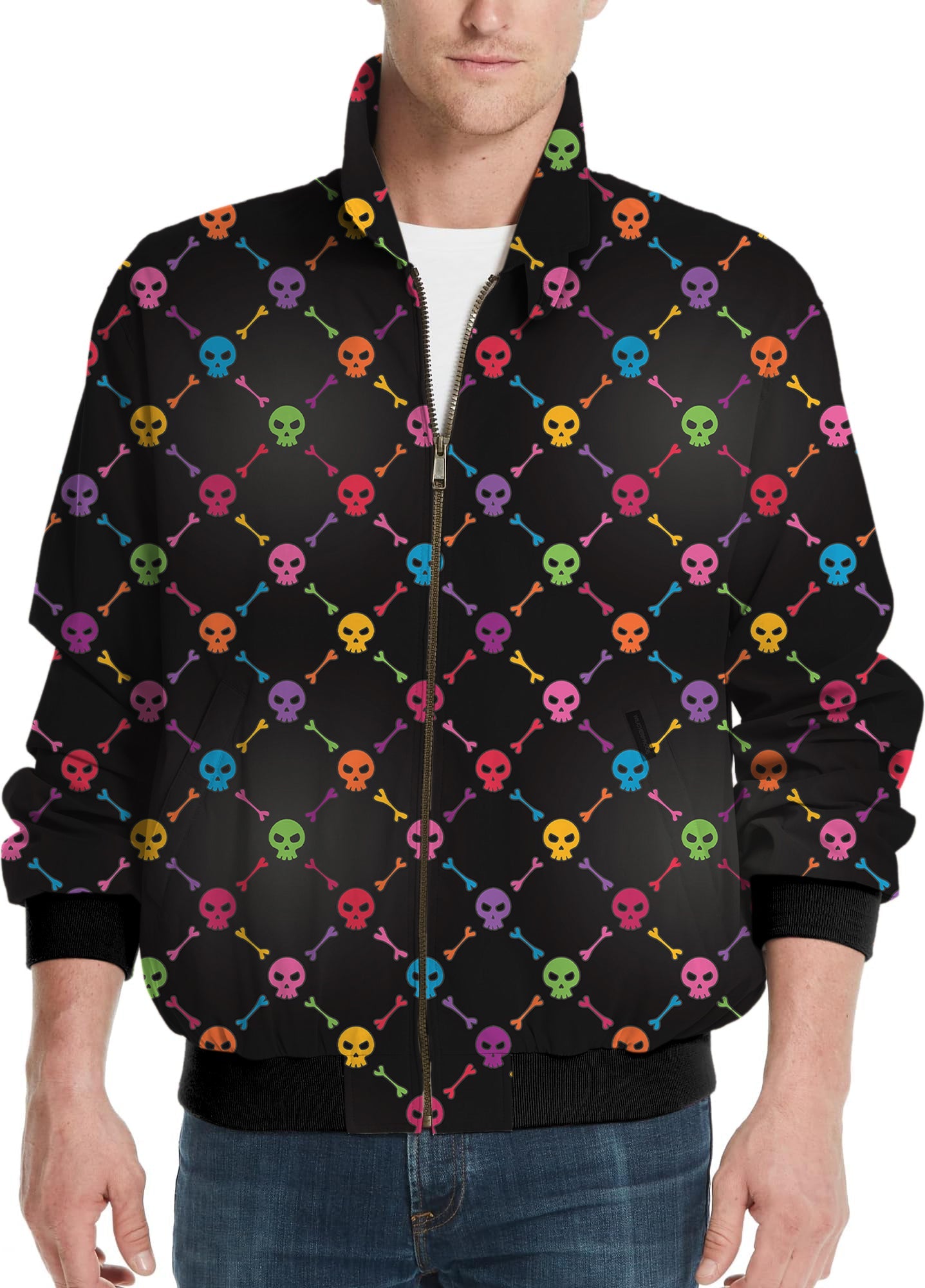 Men's golf windbreaker jacket with Halloween colors skull bones pattern in vibrant hues on black background