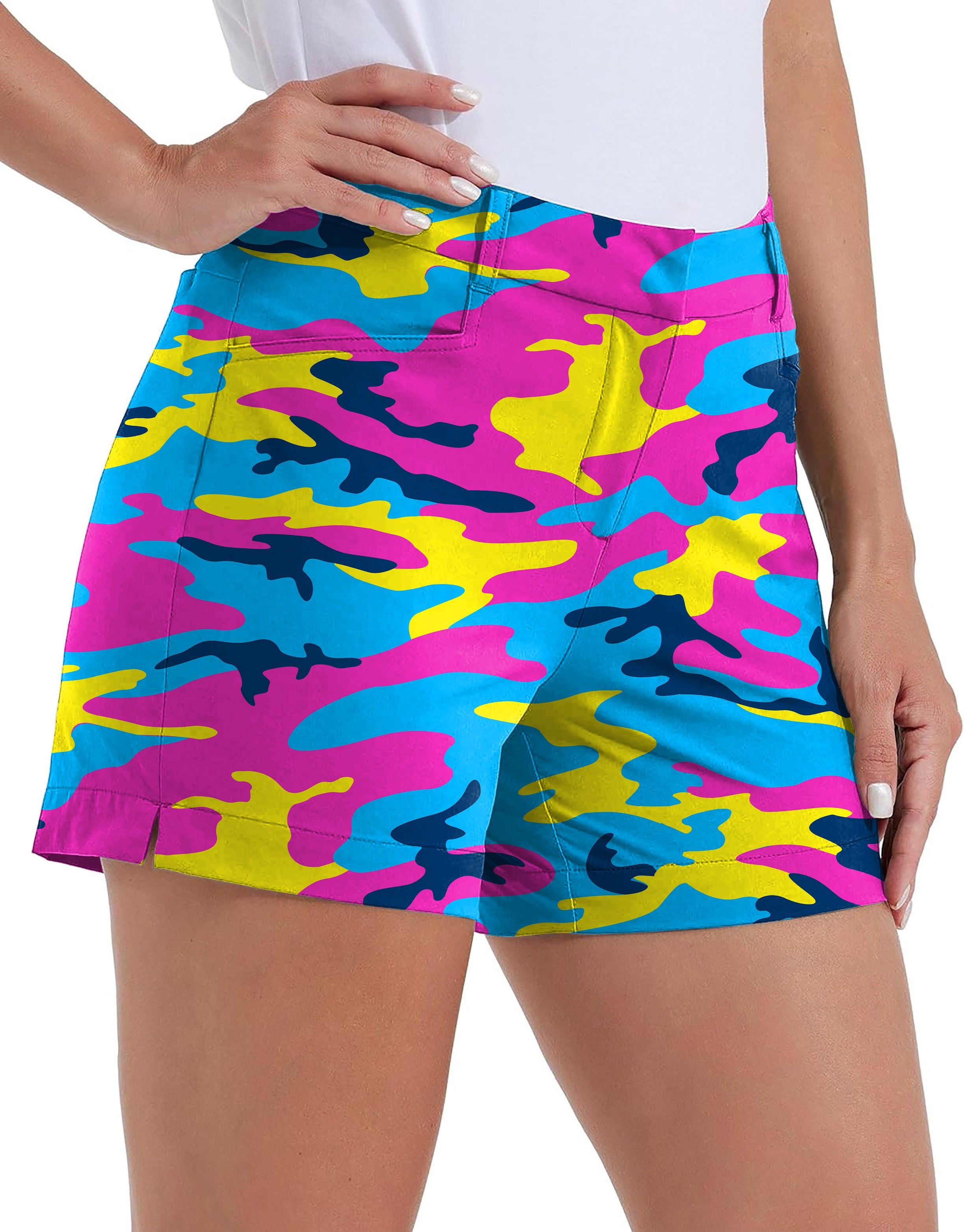 Neon camo own logo women's quick-drying golf shorts with pockets and waterproof fabric