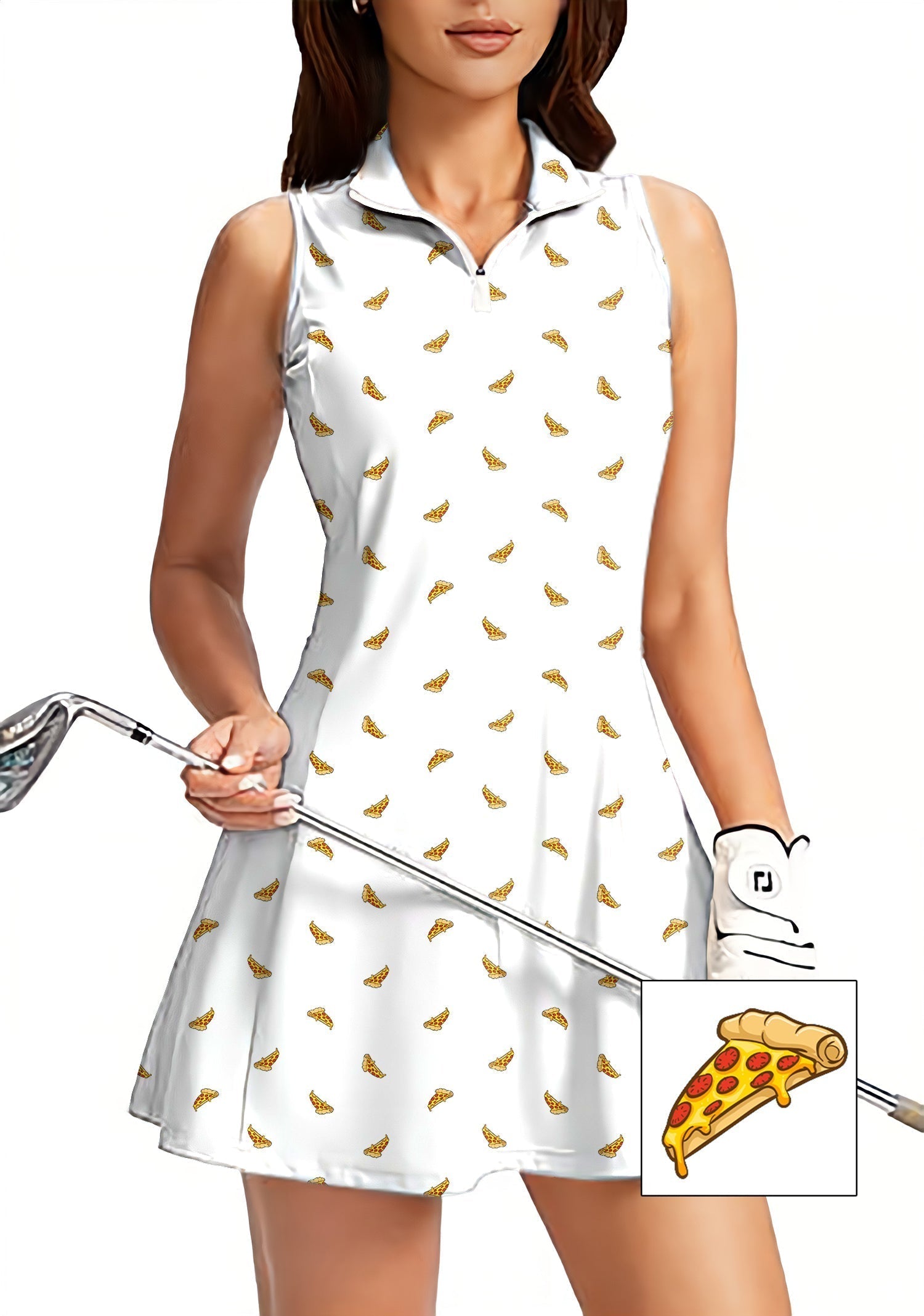 Women's sleeveless white golf dress with zipper and pizza slice pattern, built-in shorts, customizable design