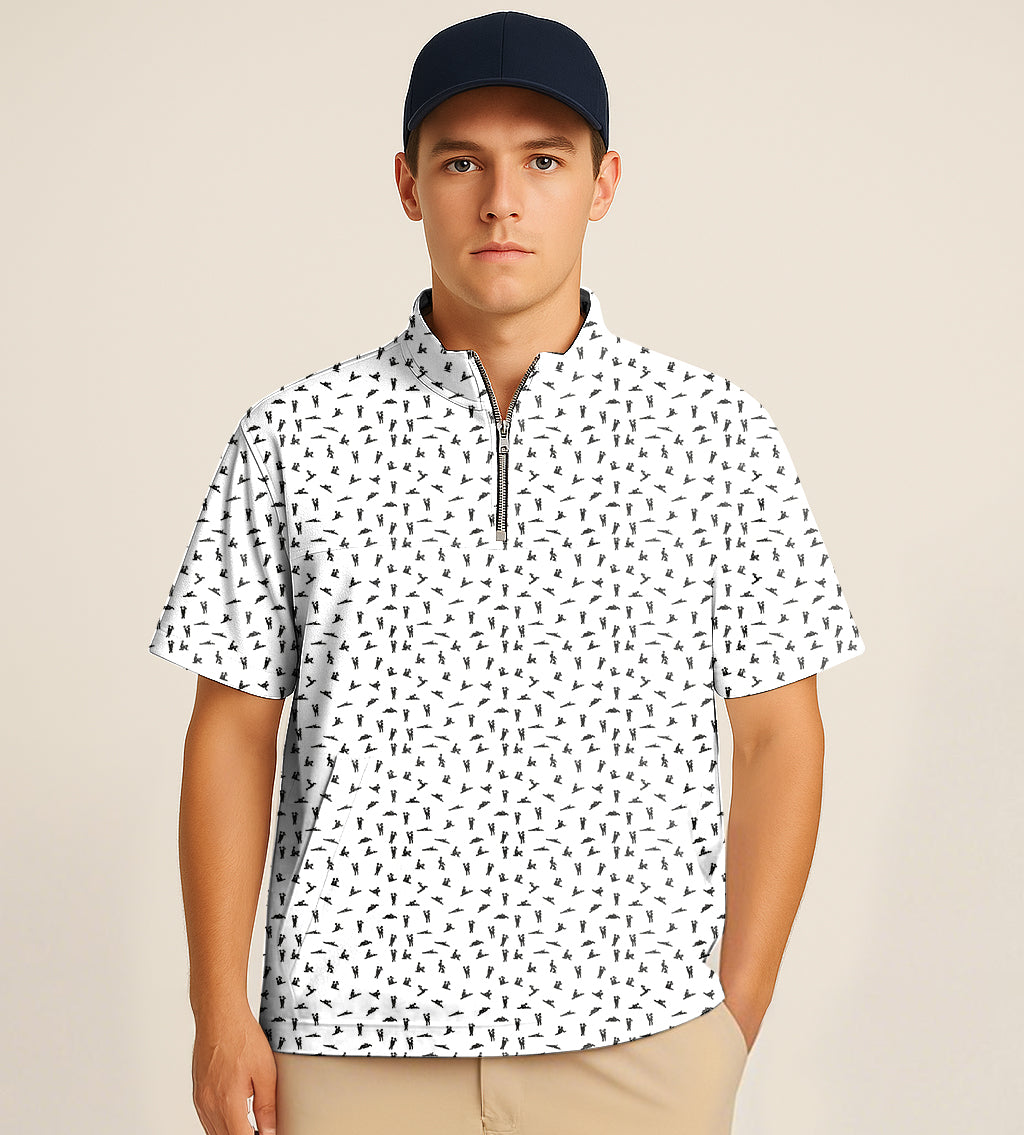Man wearing white half zipper turtleneck golf short shirt with black abstract print and navy cap