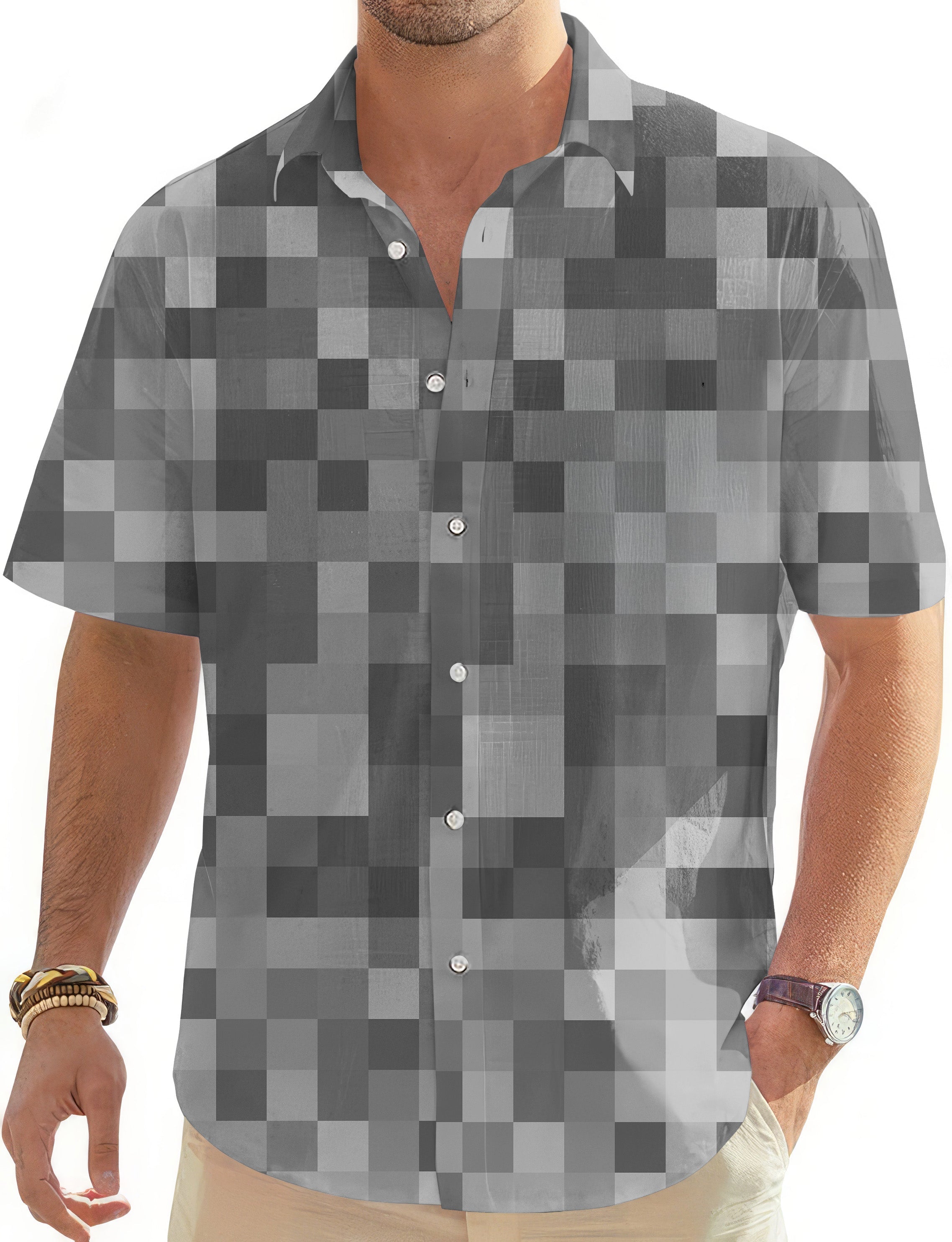 Grey pixel pattern big men's golf Hawaiian button down shirt with classic collar and short sleeves