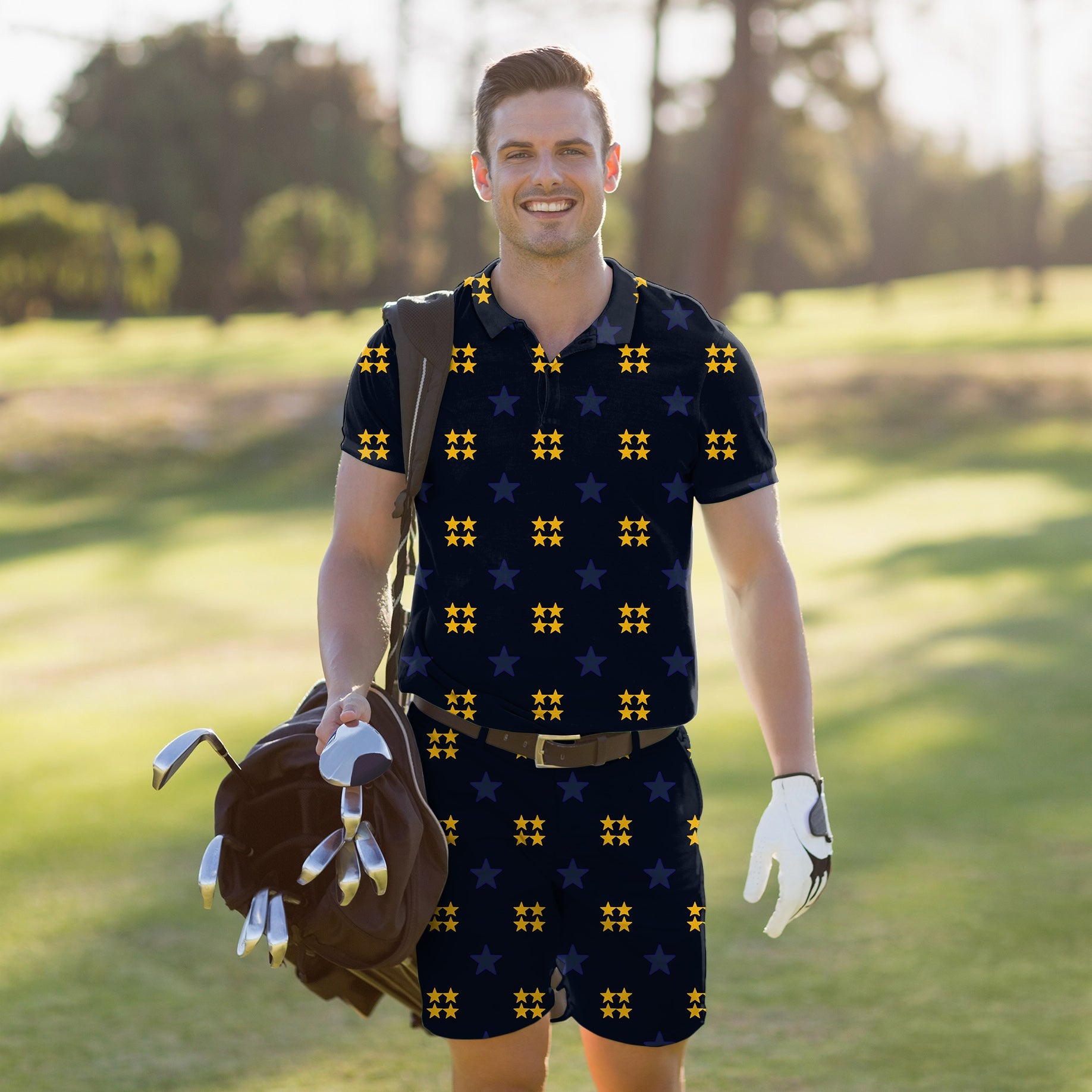 Men's golf set polo and shorts with American star pattern, four-way stretch, moisture-wicking fabric, and UPF 40+ protection.