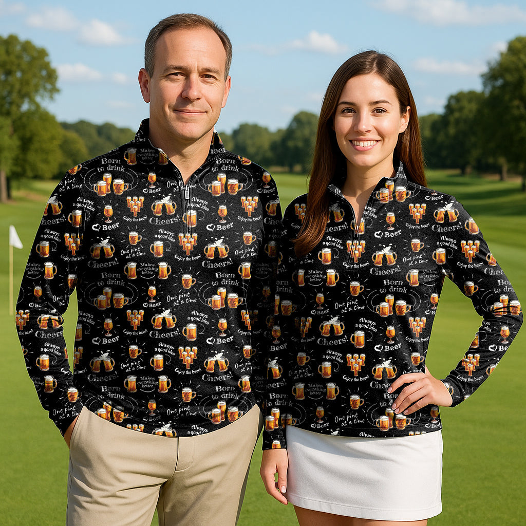 Couple wearing Cheer Beer printed golf 3/4 zip tops with long sleeves on golf course