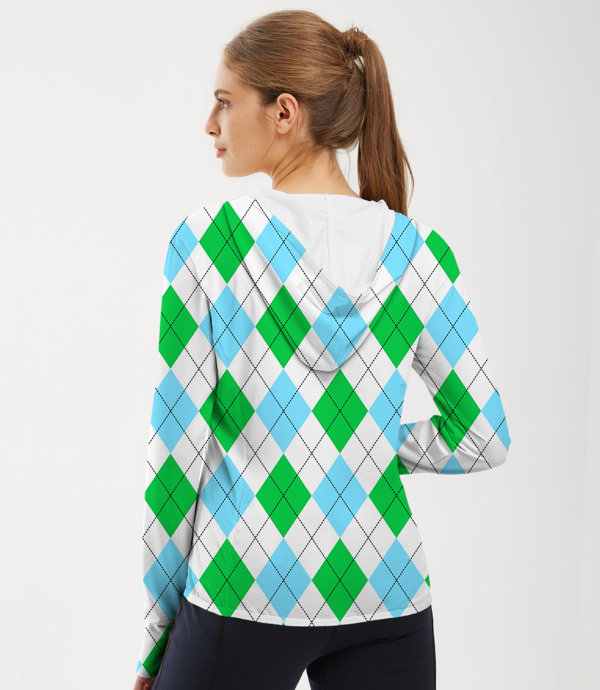 Women's Outdoor Green diamond grid Golf Sun Protection Slim Fit zip hoodies