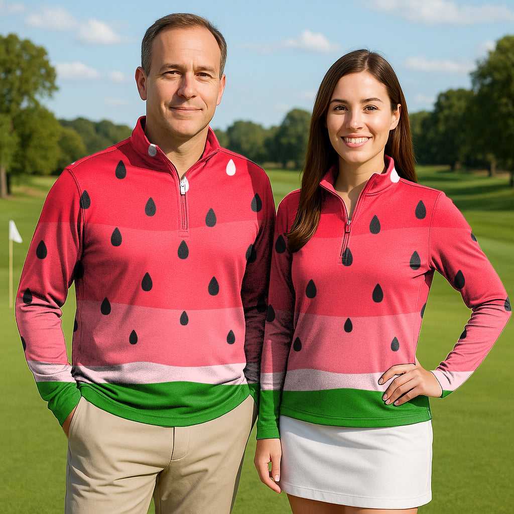 watermelon couple golf active 3/4 zip tops with long sleeves for men and women on golf course