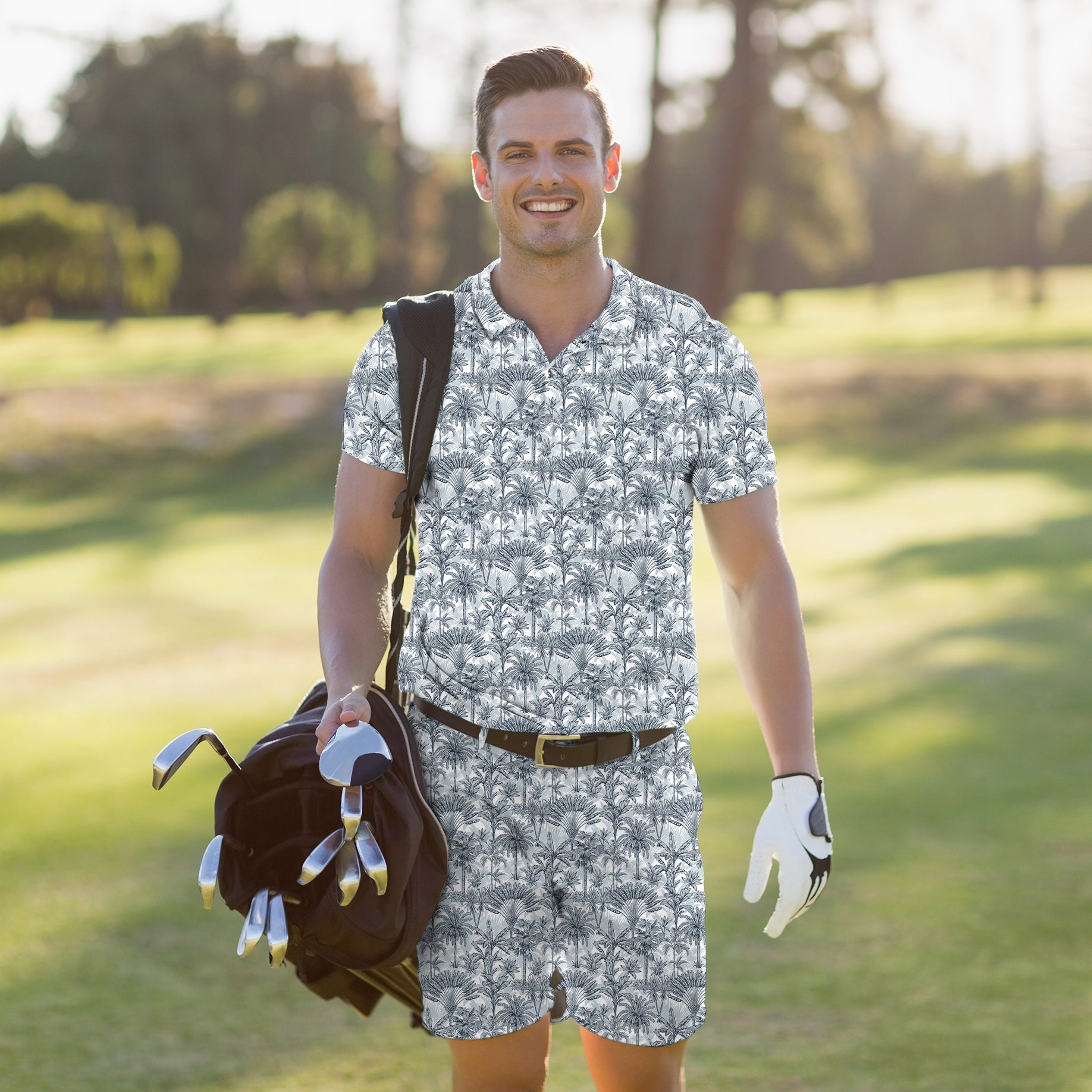 Men's Golf Set with Twilight Palms polo and shorts, moisture-wicking, stretchy, wrinkle-resistant, UPF 40+, classic fit, customizable