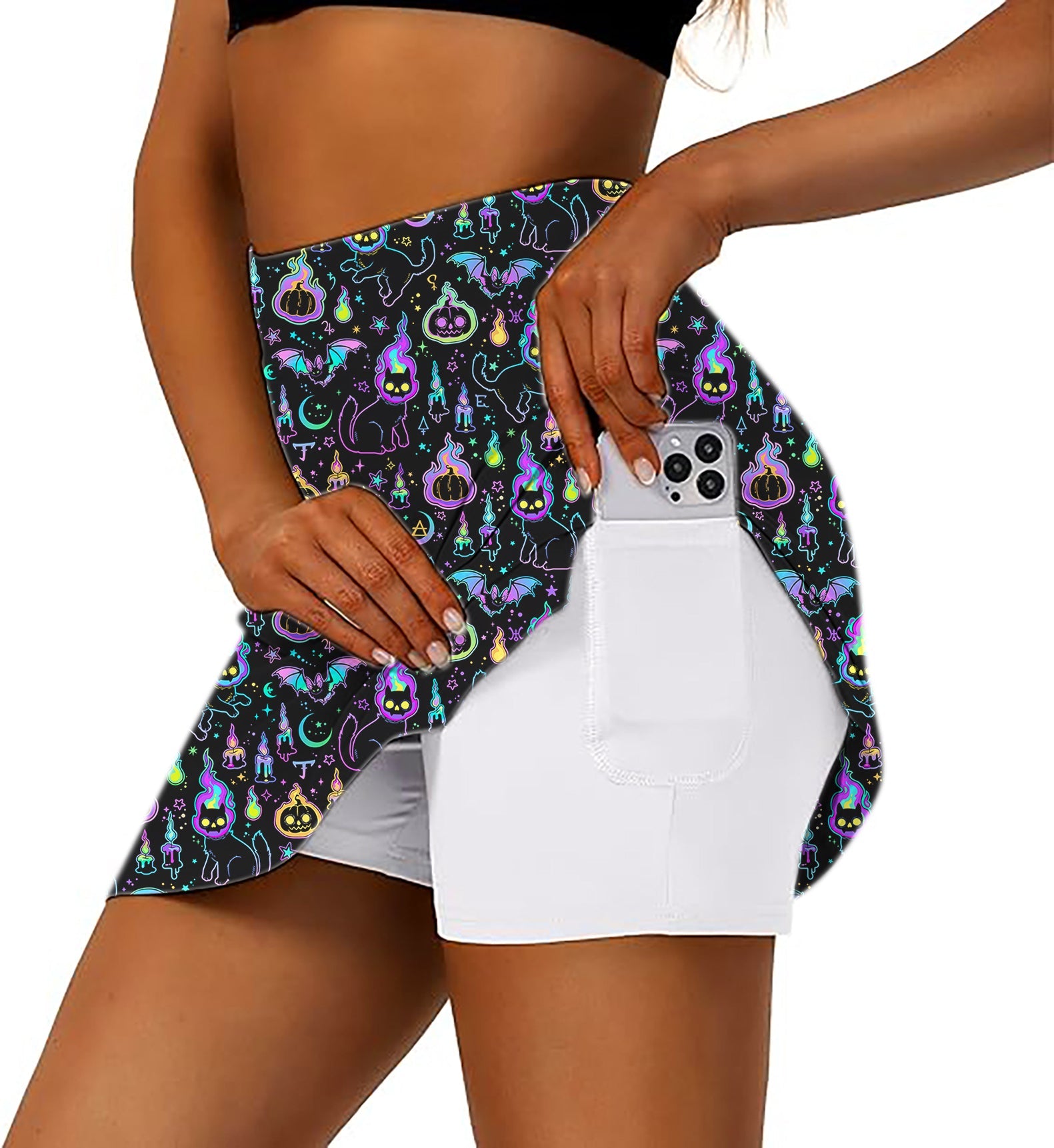 Women's Halloween ghost pumpkin cat golf skirt with inner shorts and side pocket holding phone