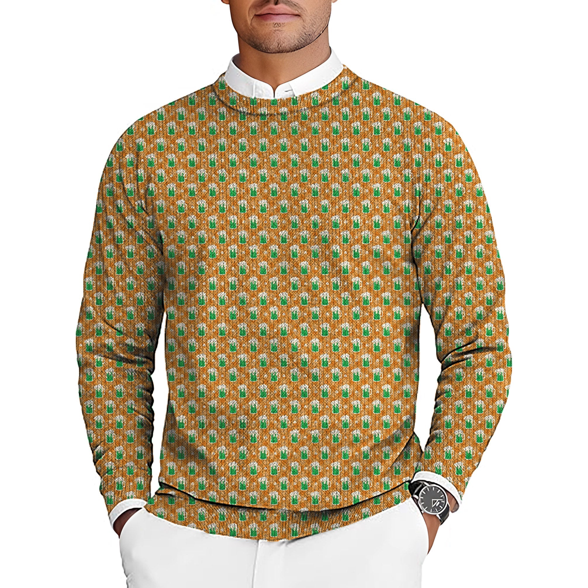 Men's St. Patrick's Day golf pullover sweater with green beer and clover leaf pattern