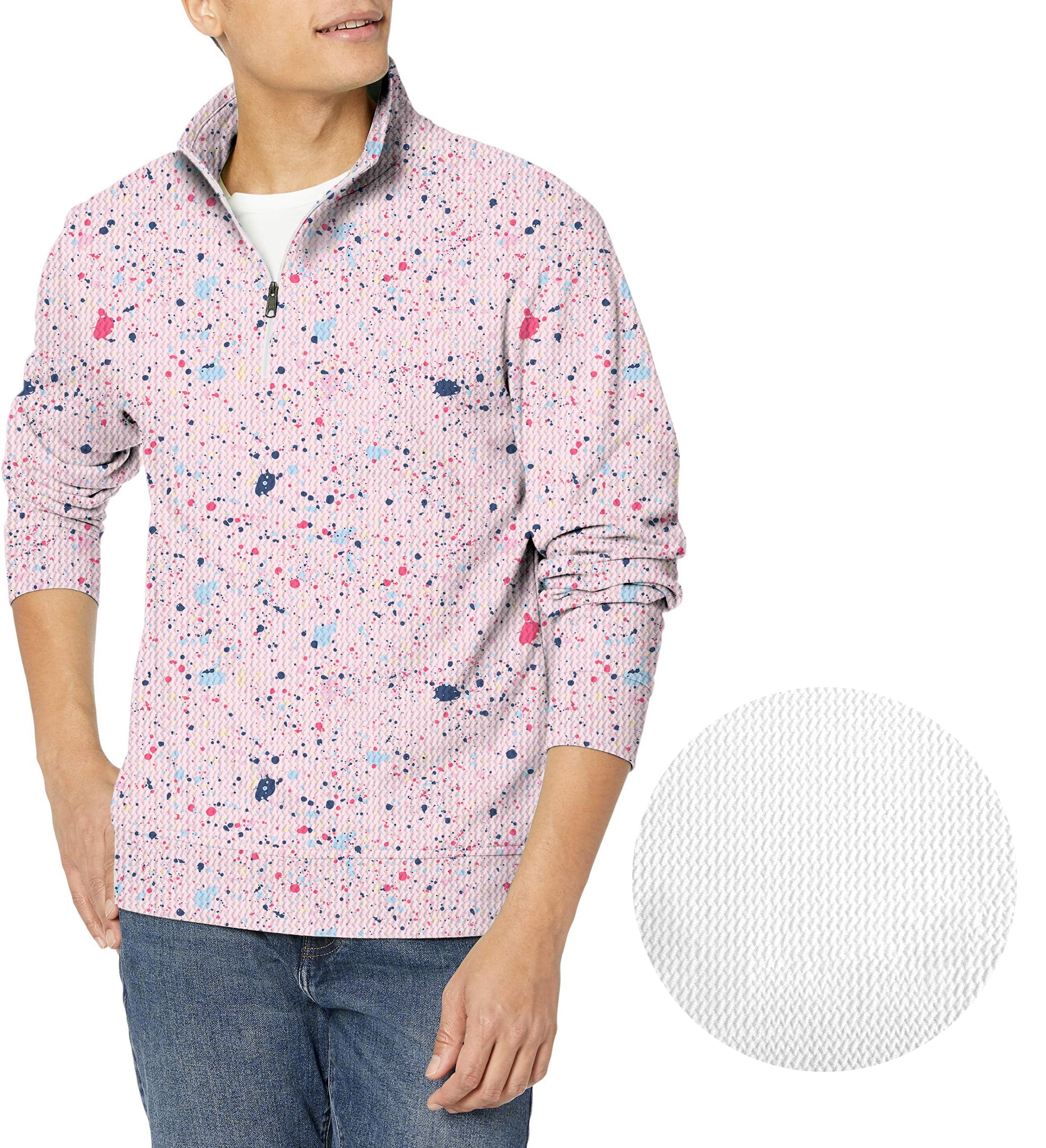 Men's golf waffle pullover with black pink ink dot pattern and quarter zipper