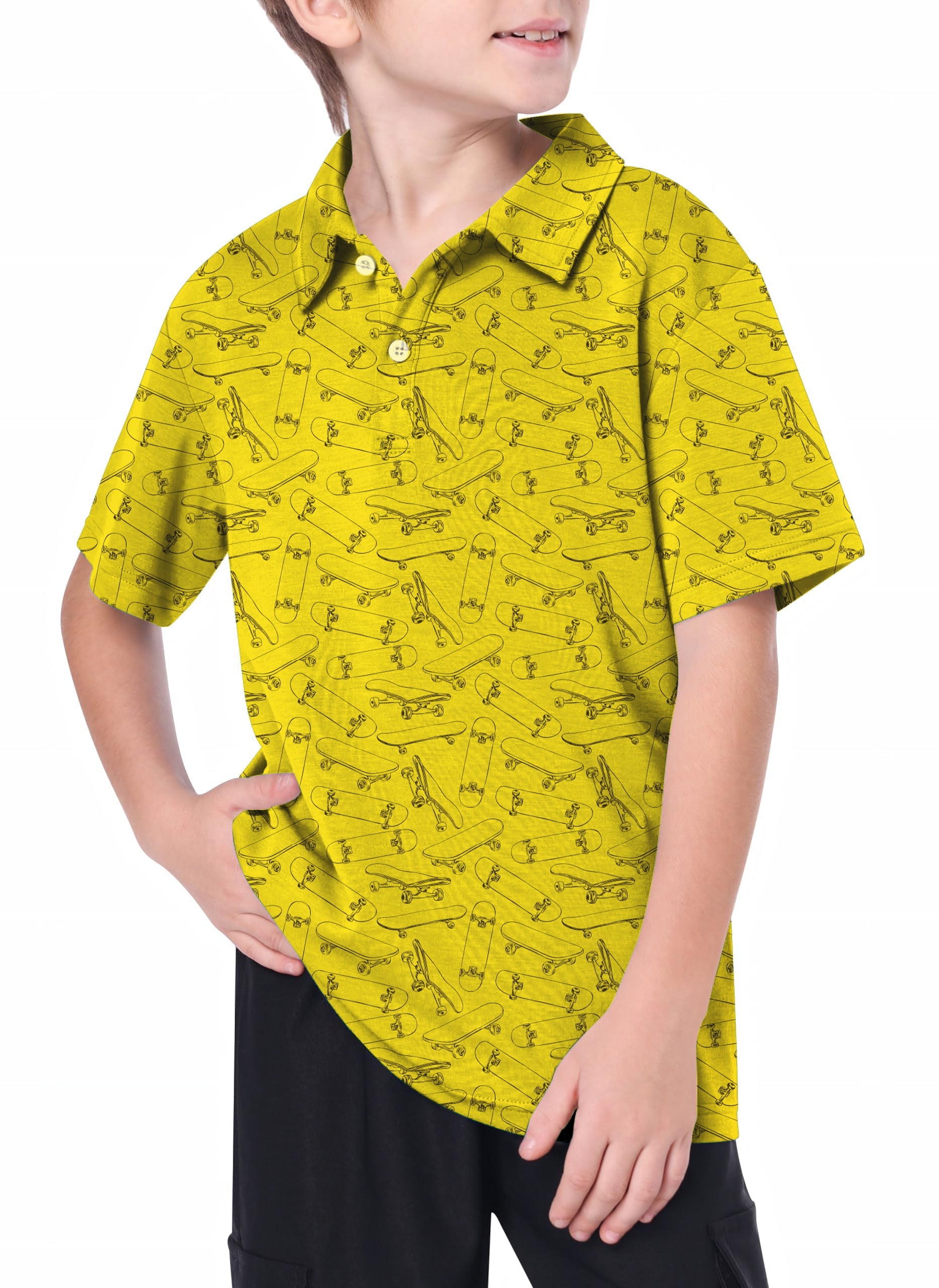 Youth yellow skateboard patterned golf polo shirt with 4-way stretch and UPF 40+ protection
