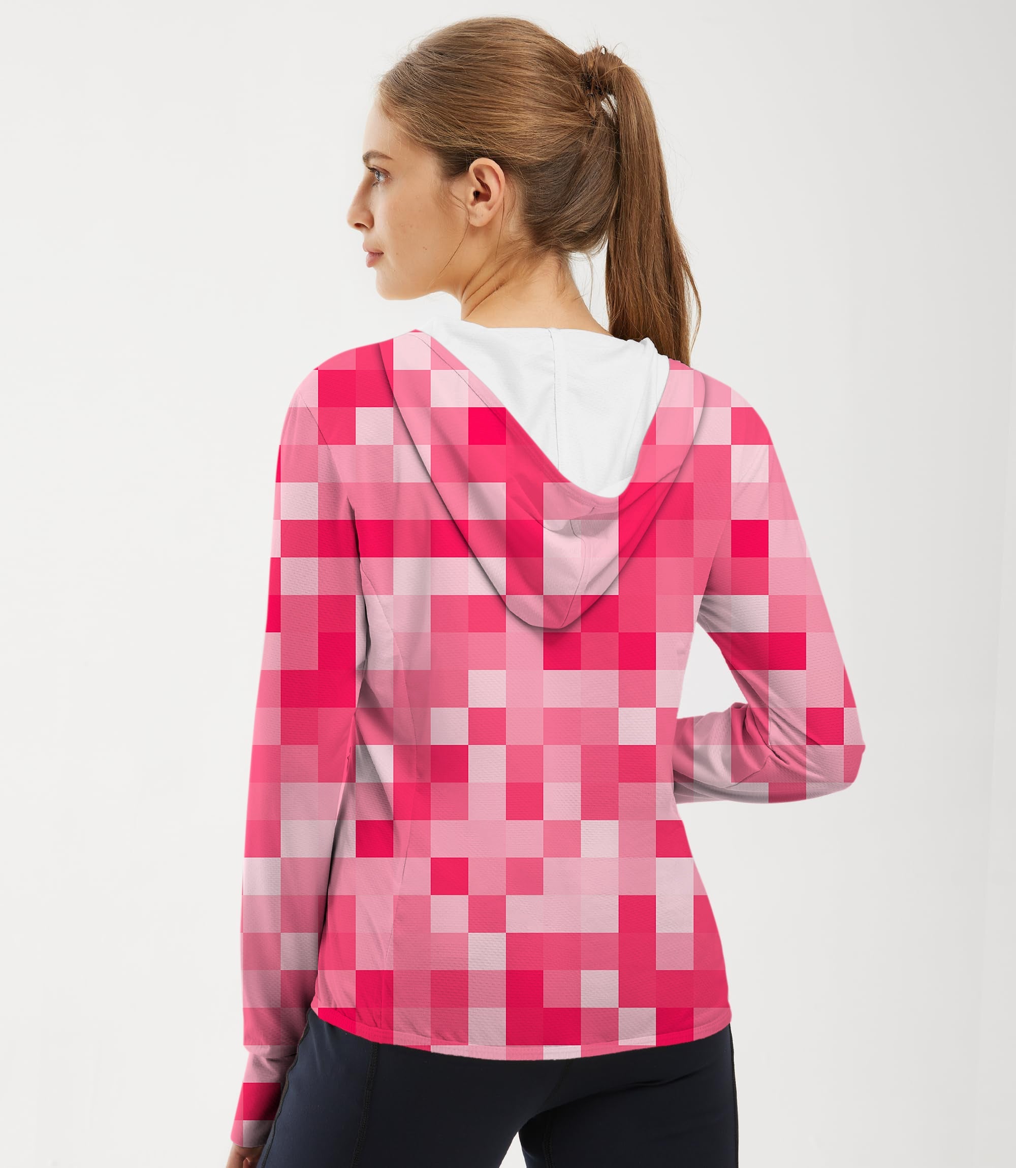 Women's outdoor light red pixel pattern slim fit zip hoodie with sun protection and breathable fabric