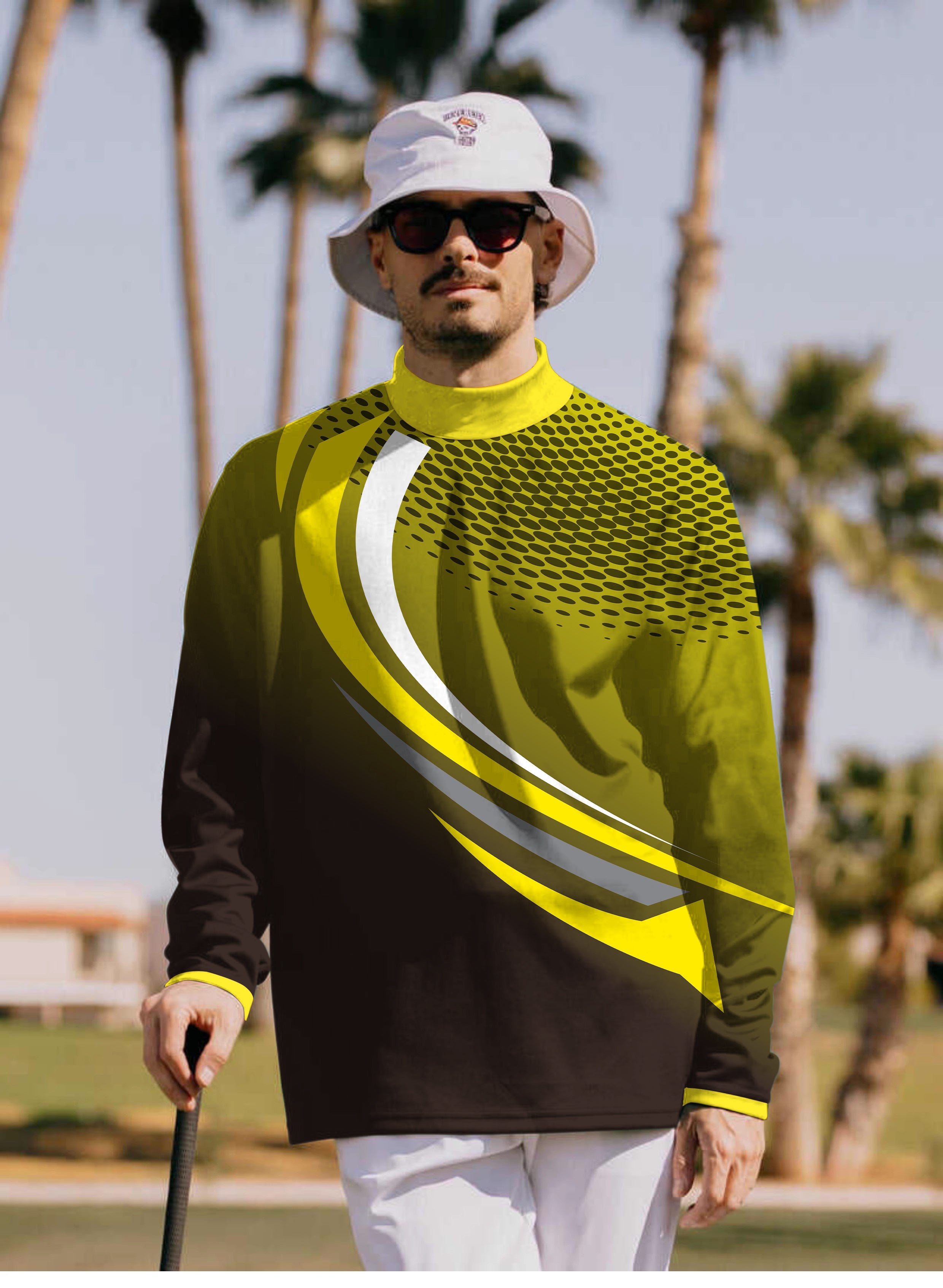 Men's yellow black custom sport team competition pullover high neck long sleeve t-shirt