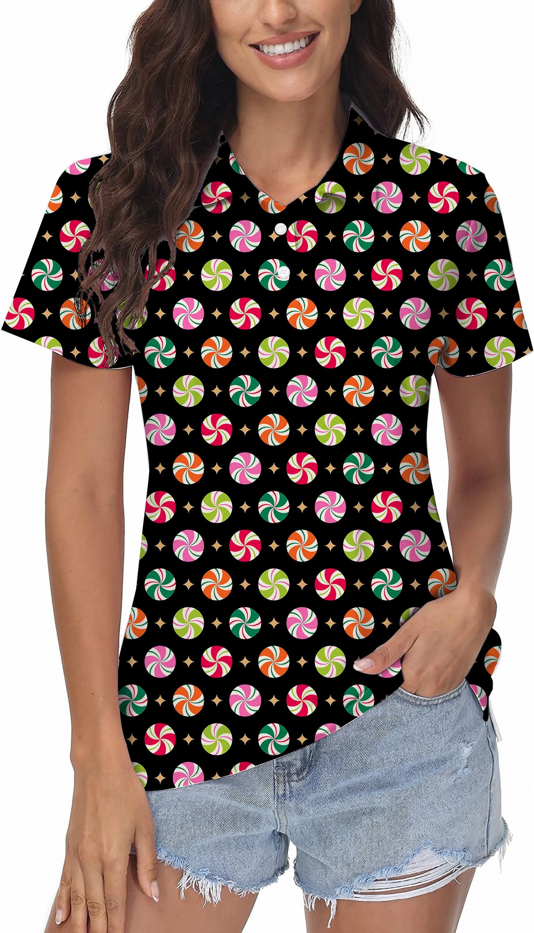 Christmas Candy Women's Golf Polo with colorful candy print, four-way stretch, moisture-wicking, UPF 40+, and wrinkle-resistant fabric.