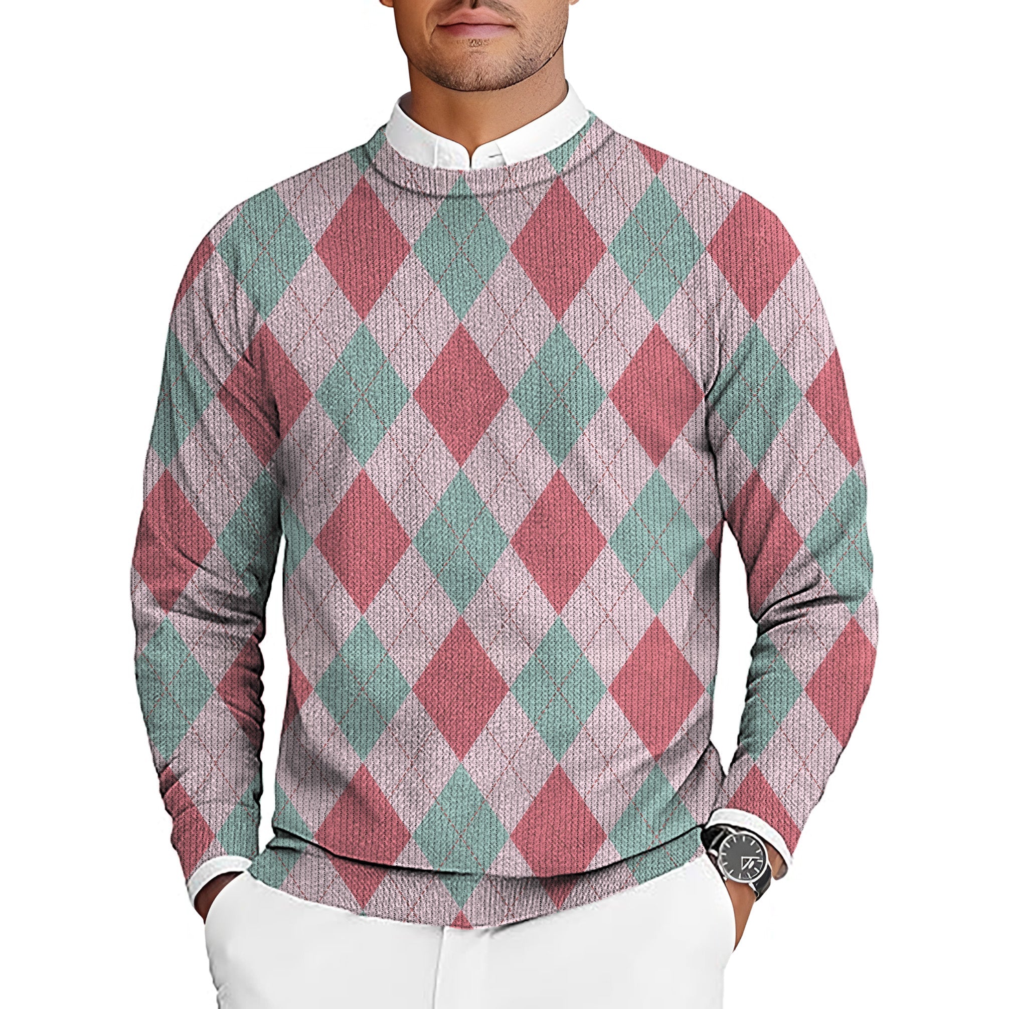 men's pink Argyle golf crewneck pullover sweater custom team uniform