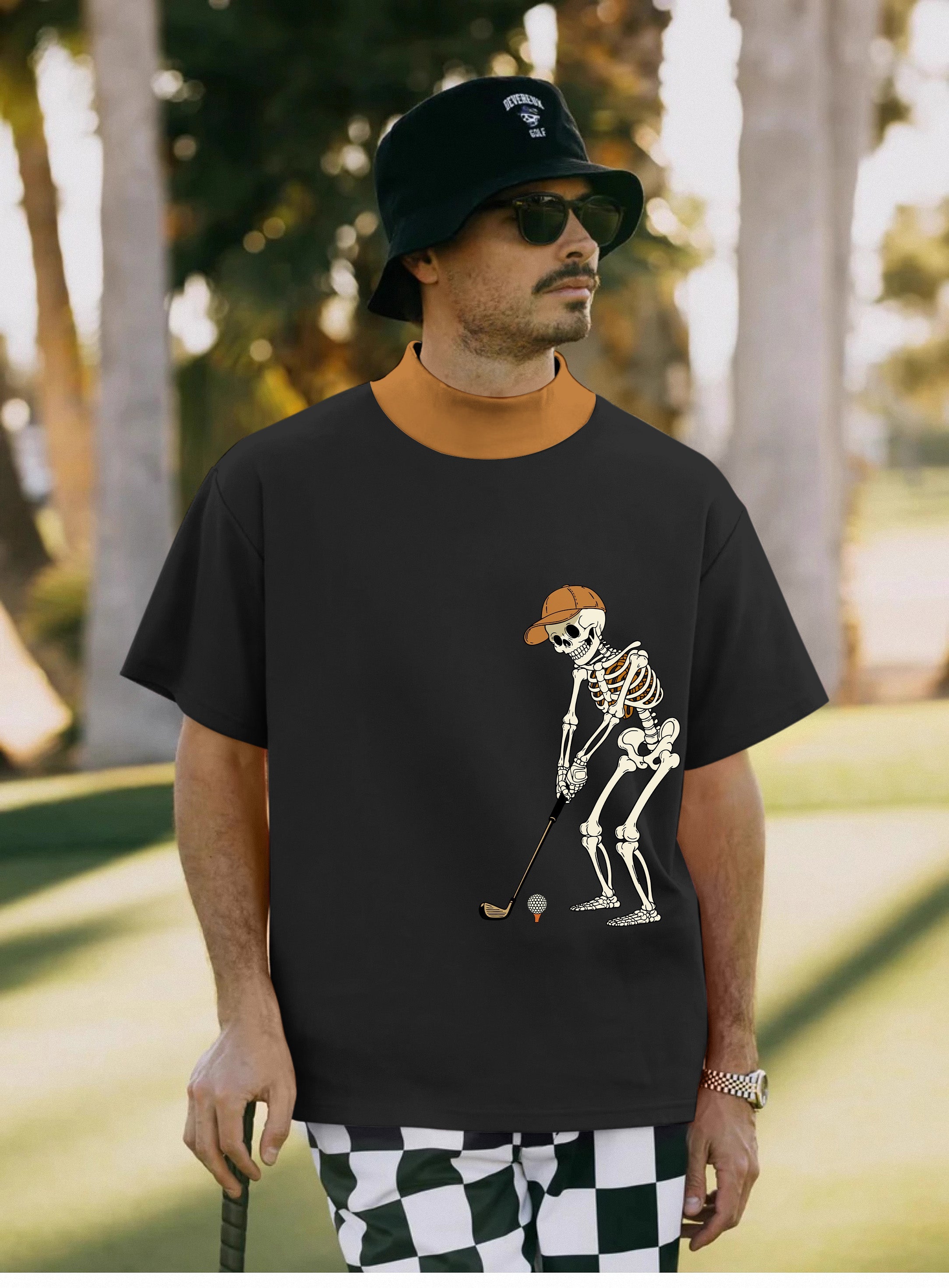 Men's pumpkin black Halloween skeleton golf pullover T-shirt with high neck and short sleeves