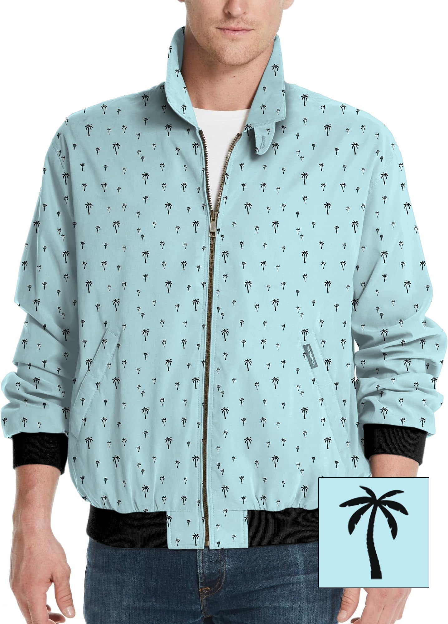 Light blue men's golf windbreaker jacket with palm tree print and black cuffs