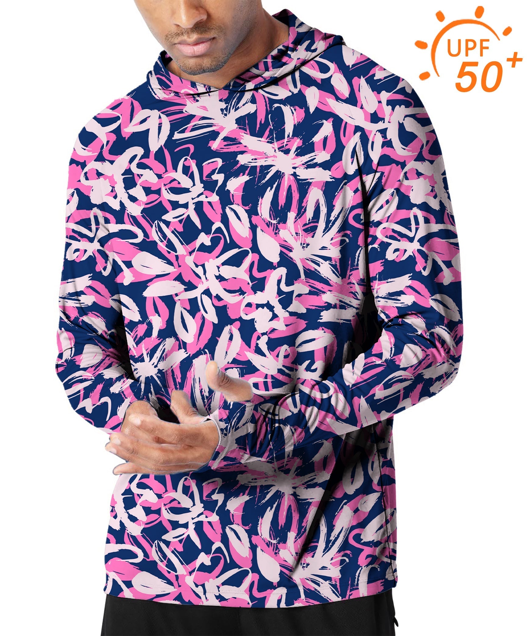 Men's Outdoor Draw Flowers slim fit hooded shirt with UPF 50+ sun protection, breathable fabric, and thumb holes for outdoor activities